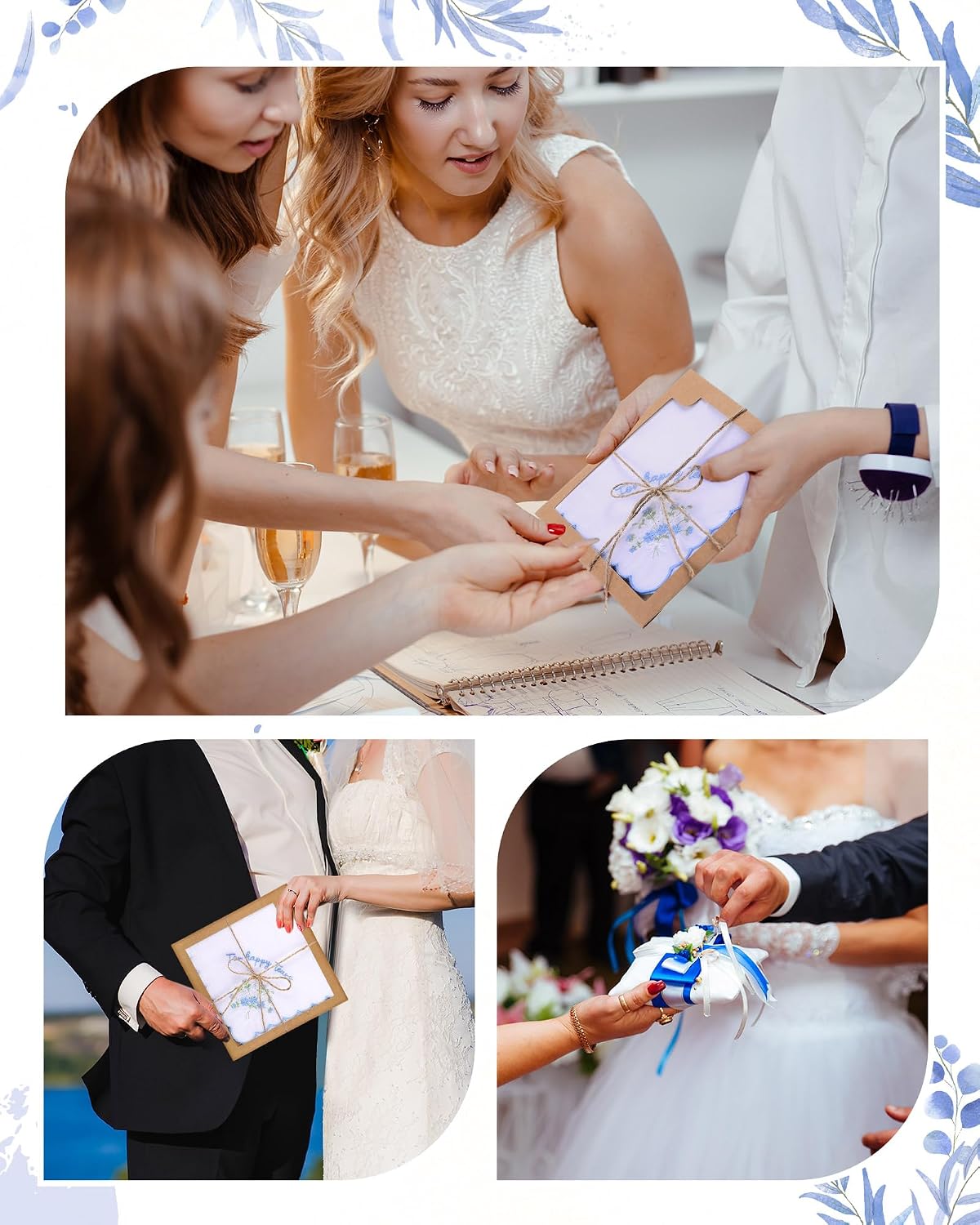 SmoothNovelty 6/12 Pack Embroidery Cotton Wedding Handkerchief, 11" x 11" For Happy Tears Napkin, Something Blue for Bridal
