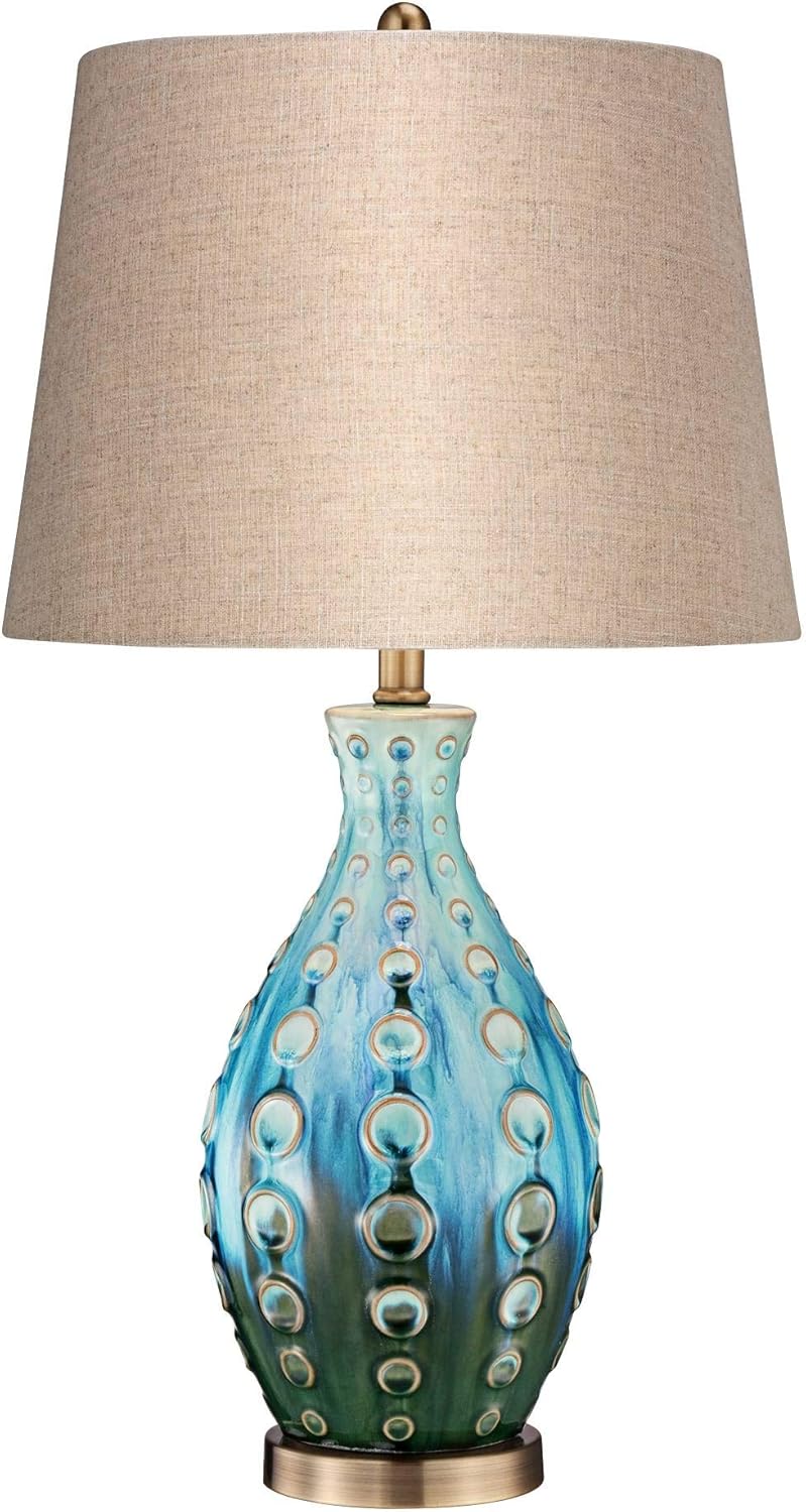 360 Lighting Mid Century Modern Style Vase 3-Way Table Lamp with Table Top Dimmer 26.5" High Teal Ceramic Tan Fabric Drum Shade for Living Room Bedroom House Bedside Home Office (Color May