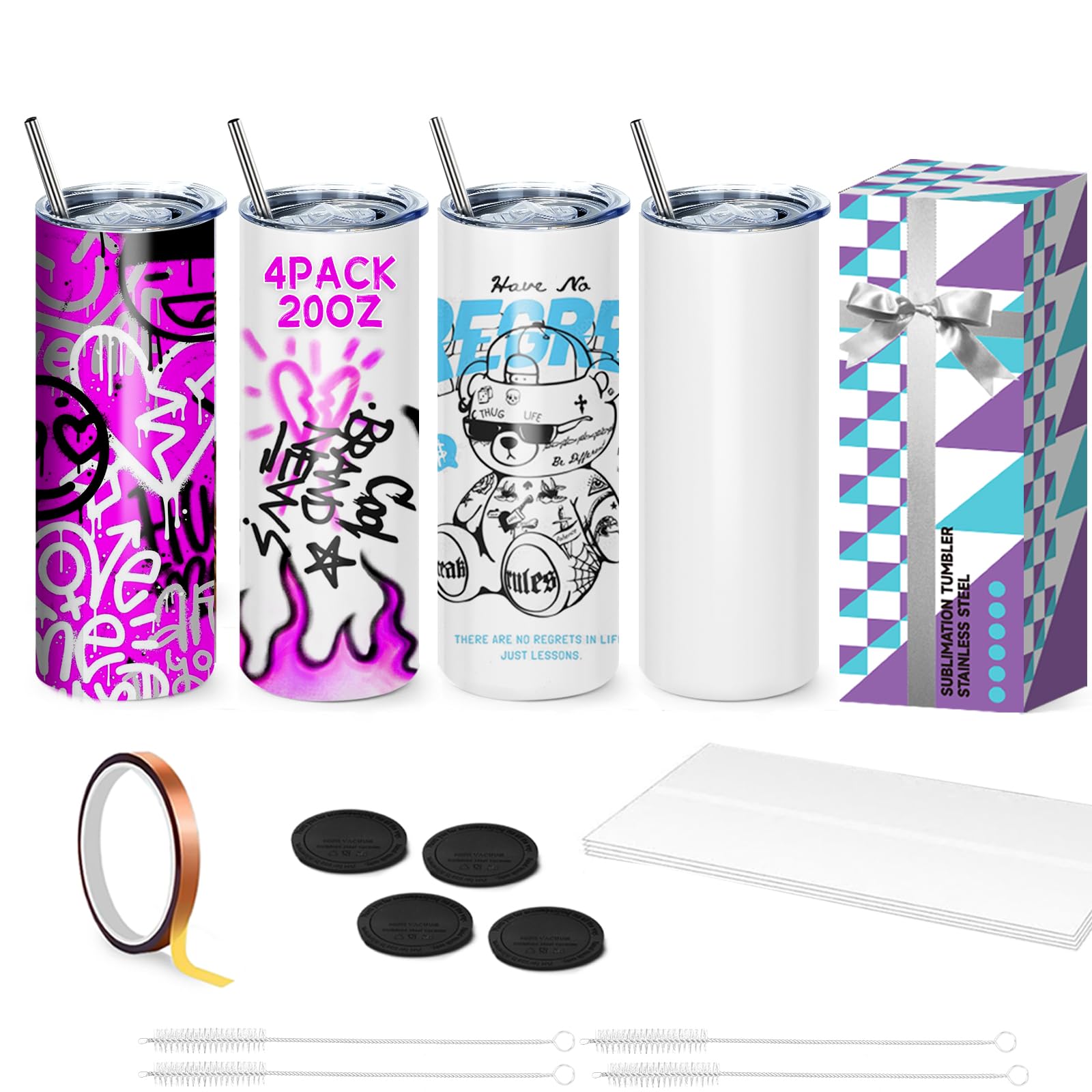 WULAIHO Sublimation Blank Tumbler, 4 Pack, 20oz Sports Wide Mouth Stainless Steel Water Bottle, Vacuum Flask with Portable Handle and Straw for Tumbler Press Machine Sublimation Print
