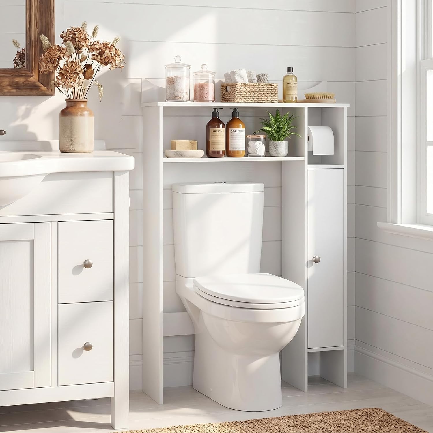 Tangkula Over The Toilet Storage Cabinet, Bathroom Above Toilet Cabinet with Toilet Paper Holder, Adjustable Shelves, Freestanding Space Saver, Bathroom Cabinet Organizer for Restroom, Laundry (White)