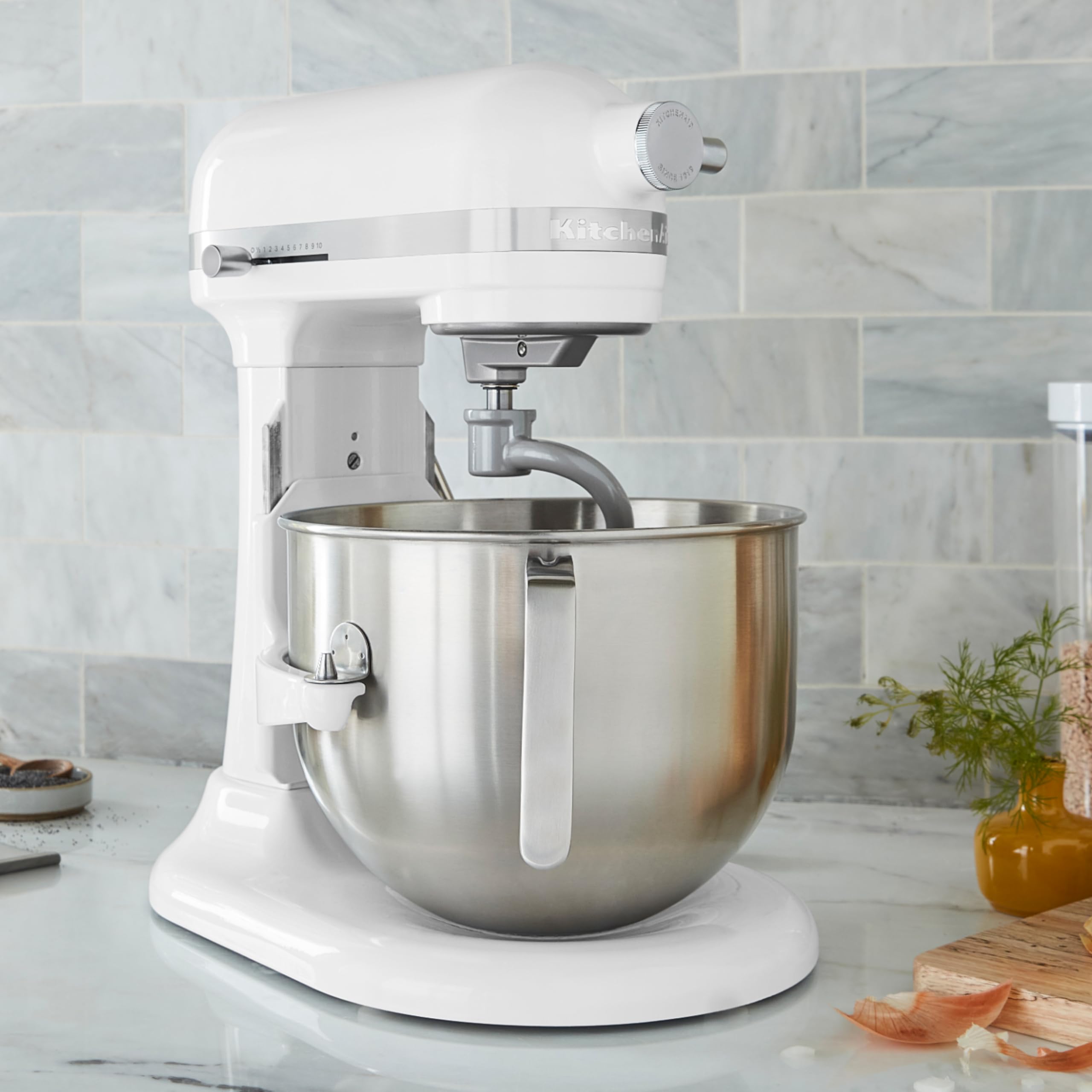 KitchenAid Batidora Amasadora Heavy Duty 6.6L, Engranajes Todo Metal, 11 Velocidades, Arranque Suave, Corte por Sobrecalentamiento, Bol 3 Puntos, Blanco