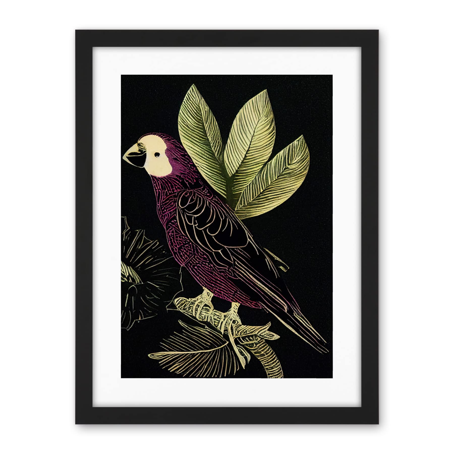 Wee Blue Coo Burgundy Parrot Leaves Tree Branch On Black Vintage Linocut Illustration Artwork Framed Wall Art Print 18X24 Inch