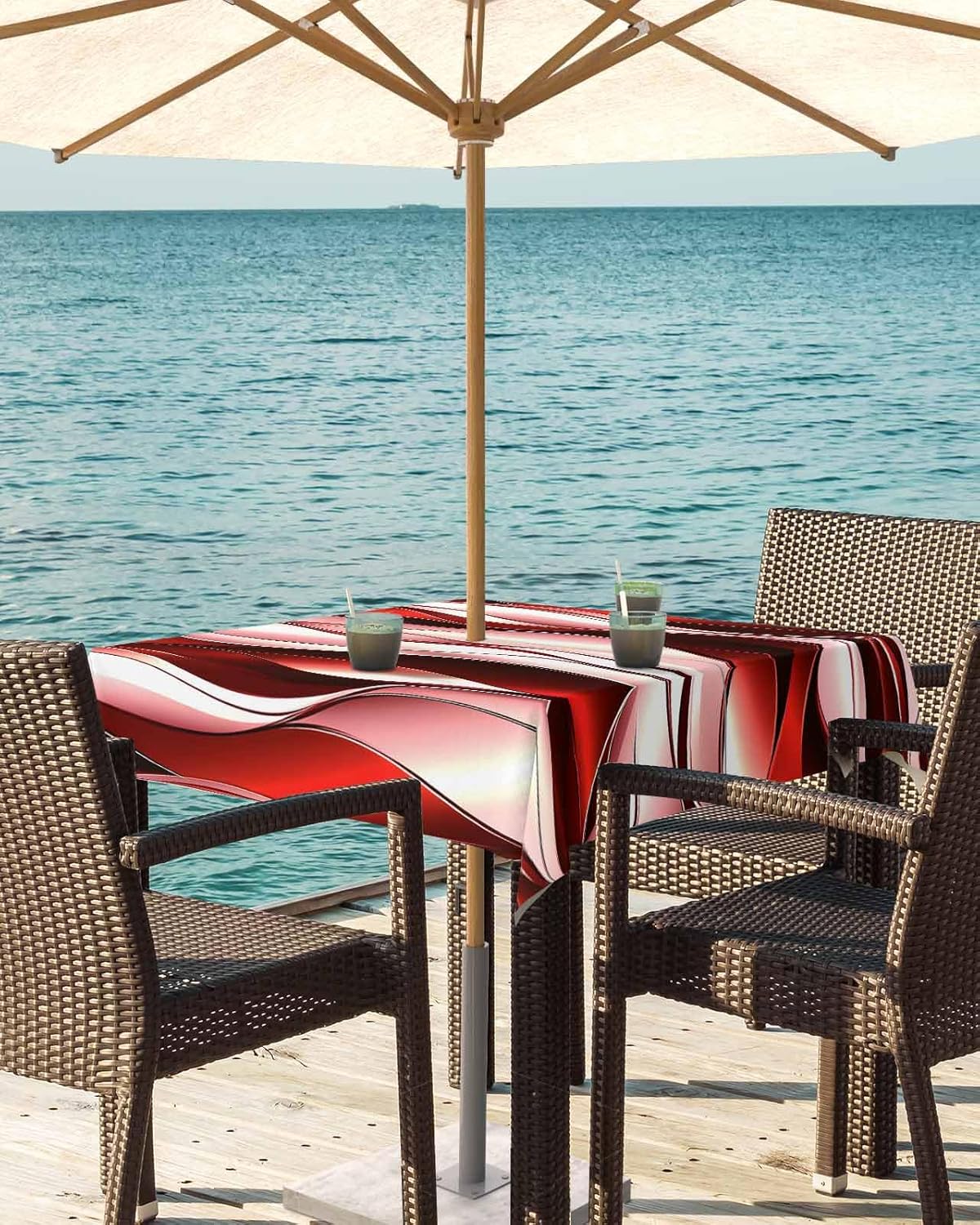 Outdoor Tablecloth with Umbrella Hole and Zipper 60" Square Abstract Red Gradient Lines Water Repellant Table Cover Tabletop Collection for Party Patio Picnic