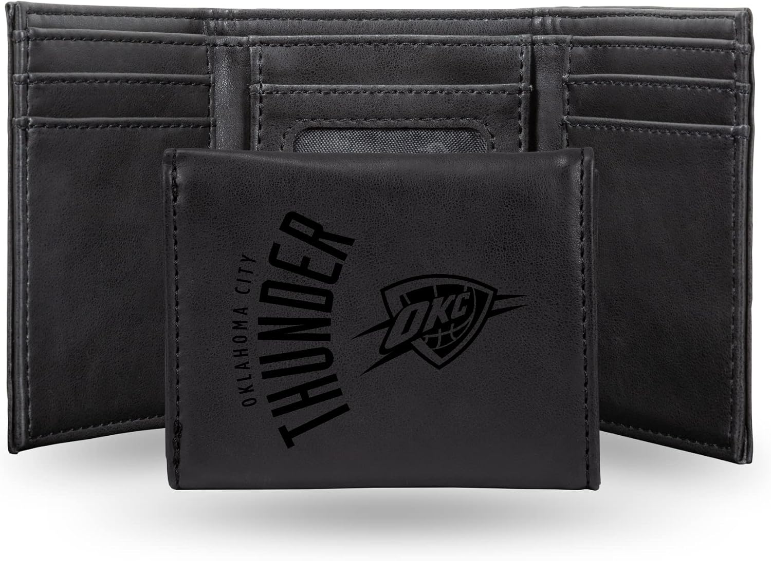 Rico Industries NBA Oklahoma City Thunder Trifold Wallet, Black - Laser Engraved Vegan Leather, 6 Card Slots, ID Window