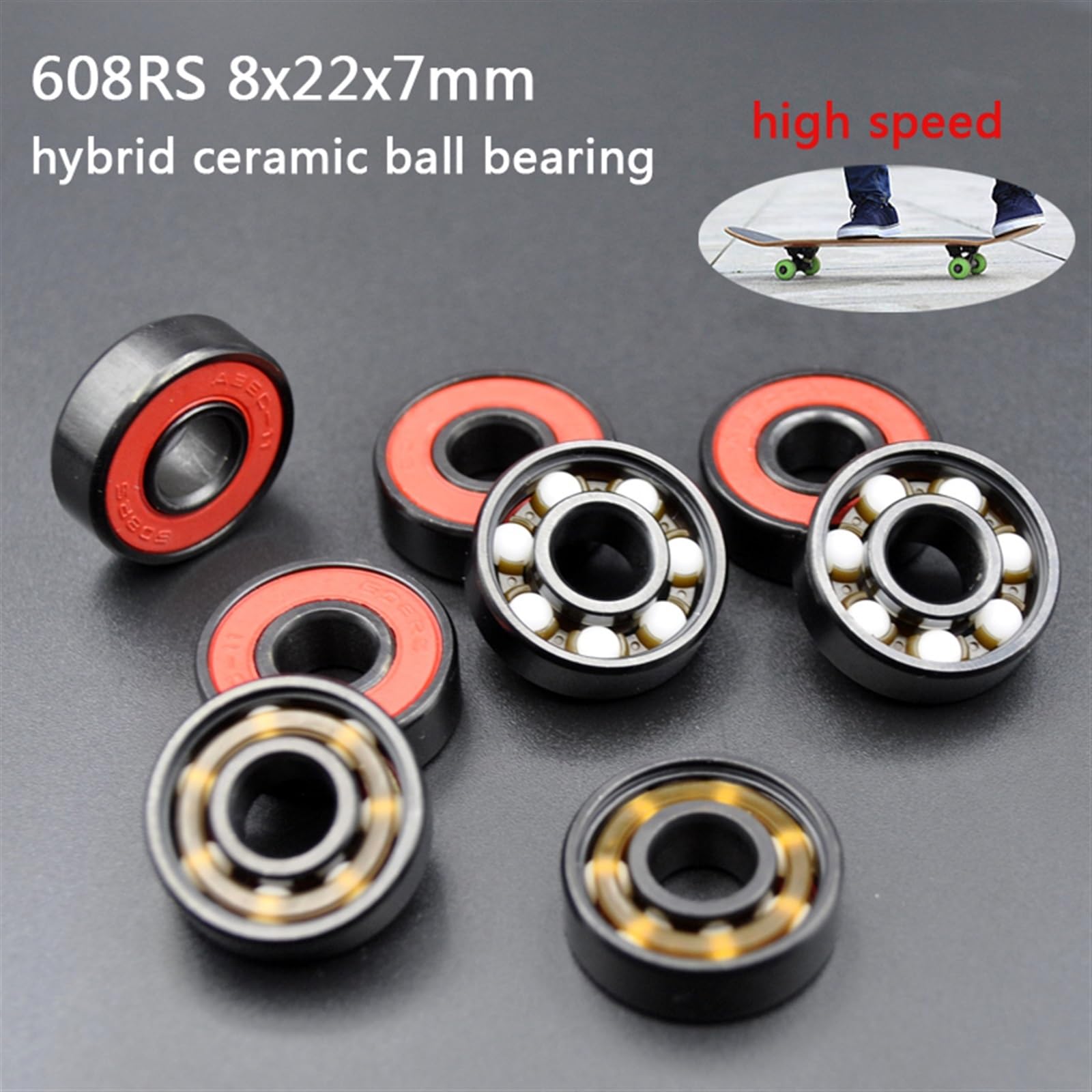 Lot de 8 roulements à billes haute vitesse 608RS 8 x 22 x 7 8 x 22 x 7 mm, roulements à billes en céramique hybrides, roulements de roue de skateboard en acier ABEC-11