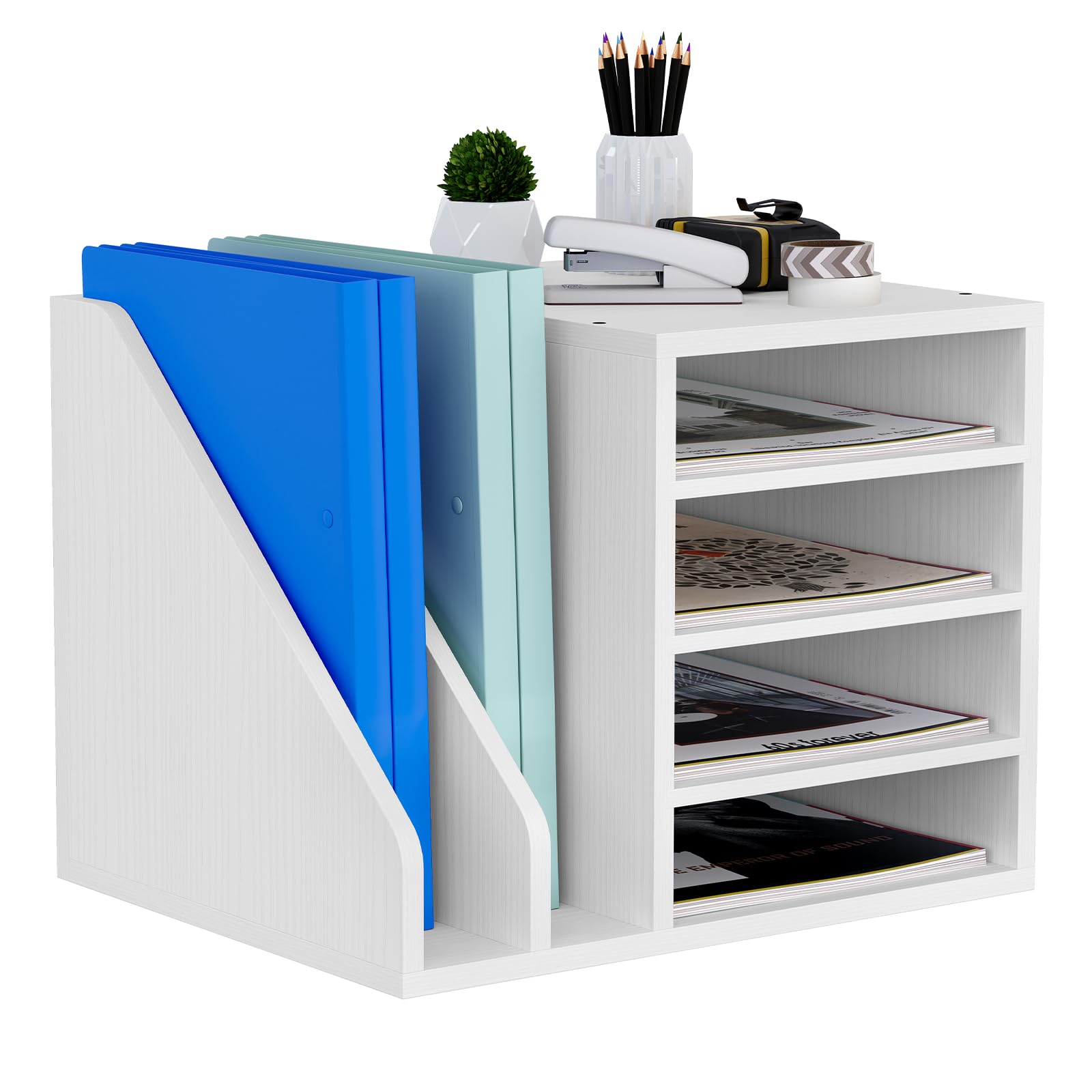 Organiseur de bureau en bois blanc à 4 compartiments pour documents A4 et revues