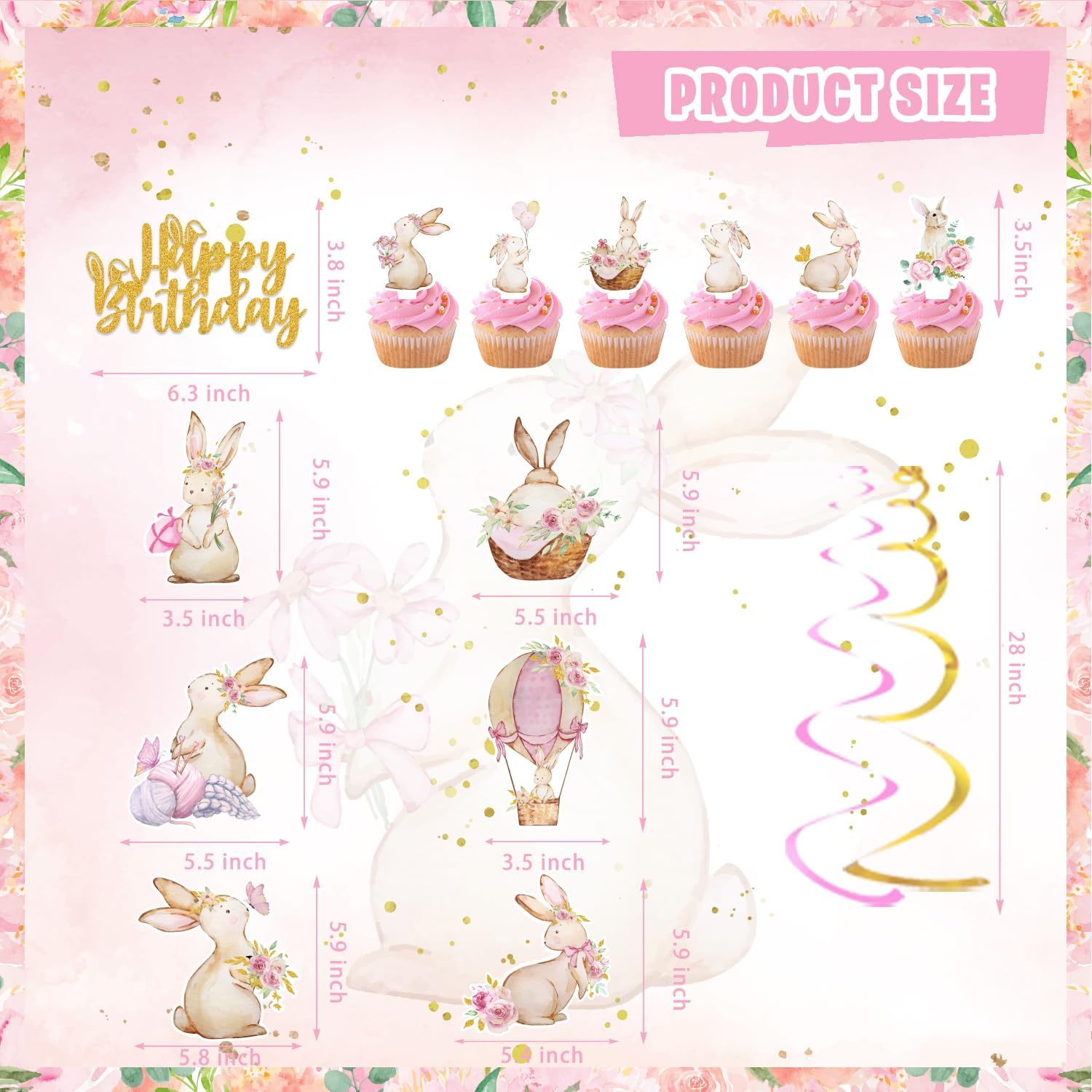 KOTLMIGHT Bunny Birthday Decorations for Girls, 143Pcs Pink Bunny Rabbit Party Decor Supplies for Boy Girl Birthday - Backdrop, Banner, Balloons, Tablecloth, Centerpieces, Hanging Swirls, Wall Signs