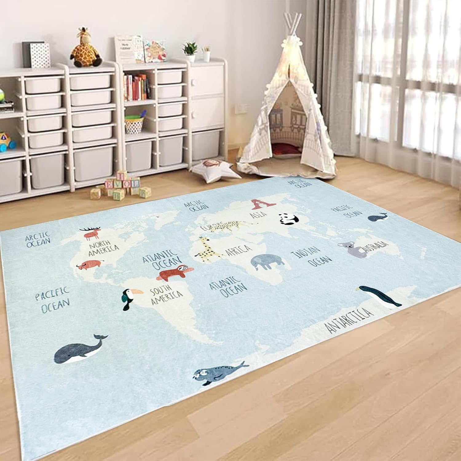 USTIDE Kids Area Rug World Map Blue Rug Cute Animal Rugs Educational Floor Carpet for Boy Girl Machine Washable Area Rugs for Living Room Bedroom Playroom 5 x 7Ft, Light Blue