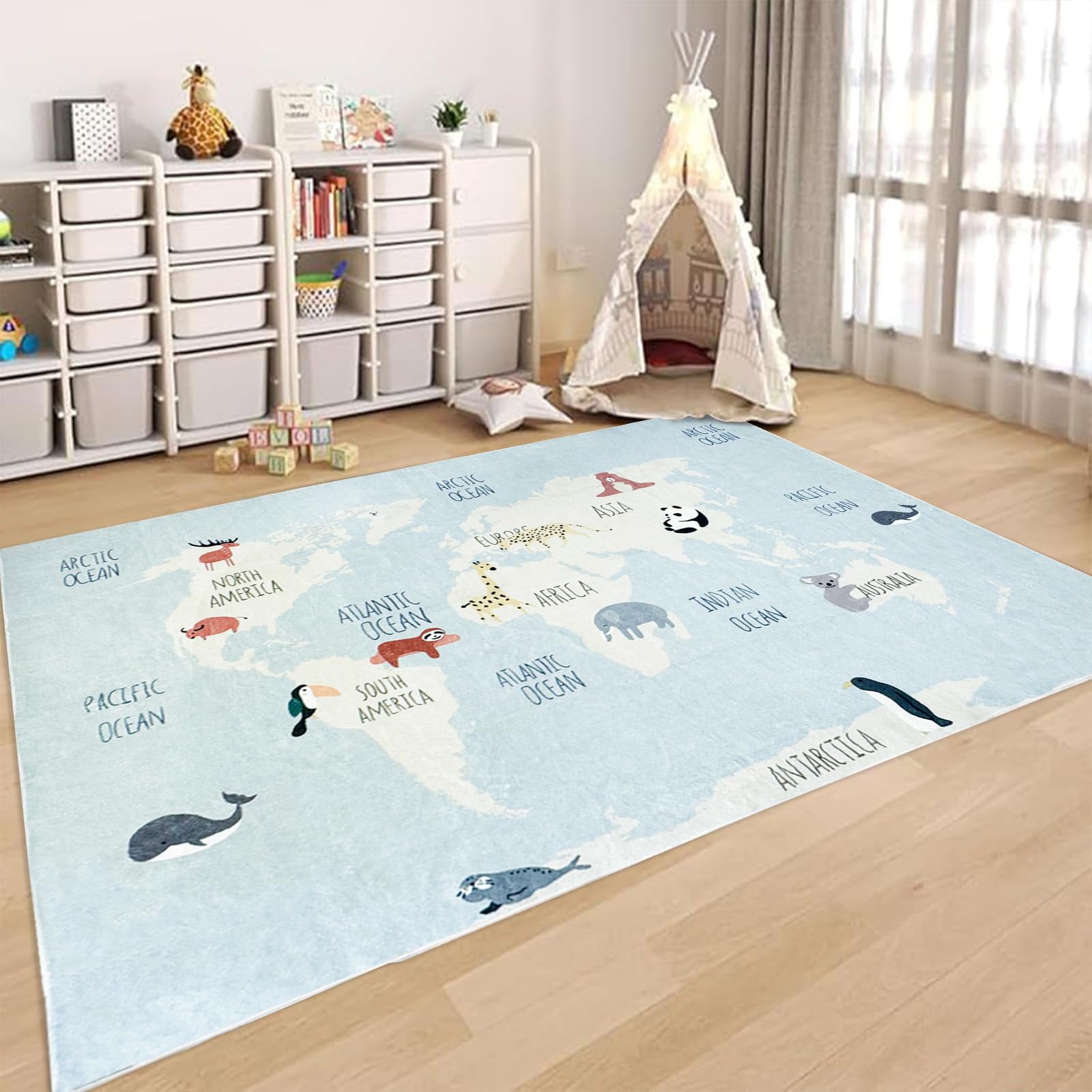 Tapis éducatif bleu clair 150x200 cm lavable en machine pour chambre