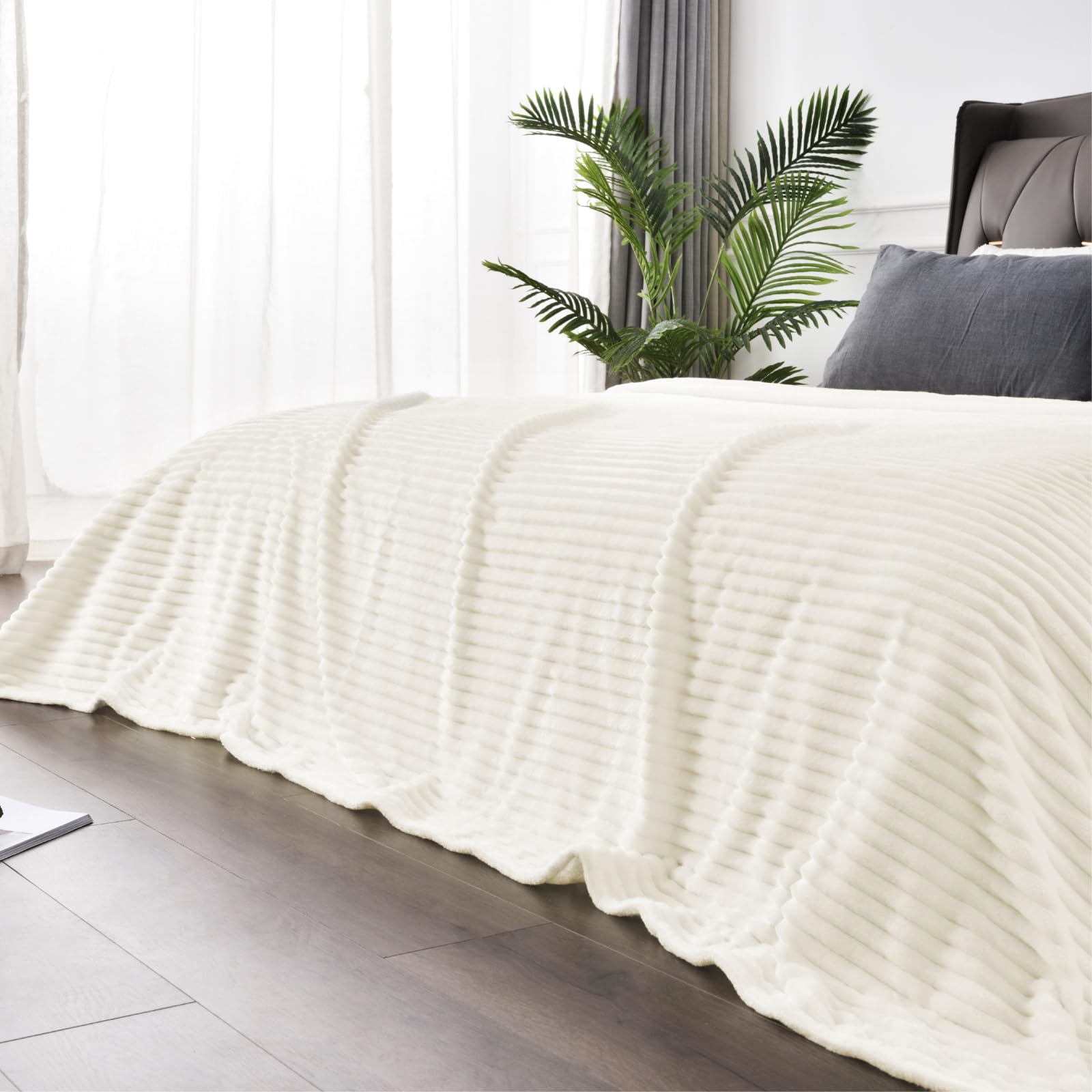 BEDELITE 3D Ribbed Jacquard Cream Full Size Blankes for Bed, 84x90 Inch | Soft Warm Decorative Fluffy Blanket, Cozy Fuzzy Lightweight Plush Fleece Throw Blankets for Bed, Room Decor, Gift for Women