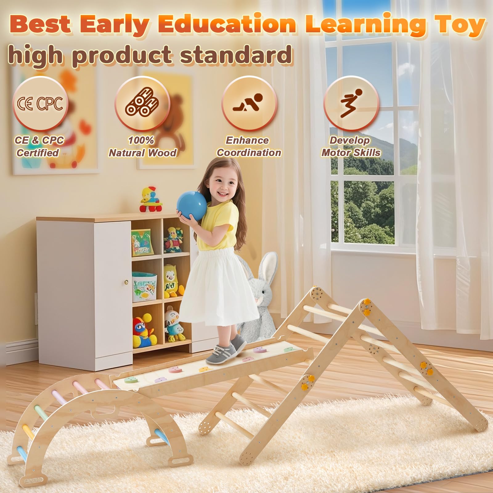 7-in-1 Montessori Klettergerüst Indoor ab 1 Jahr - Kletterdreieck mit Rutsche, Kletterbogen mit Kissen, Pikler Dreieck Baby Klettern Indoor Spielplatz Holz für Kinder und Kleinkinder