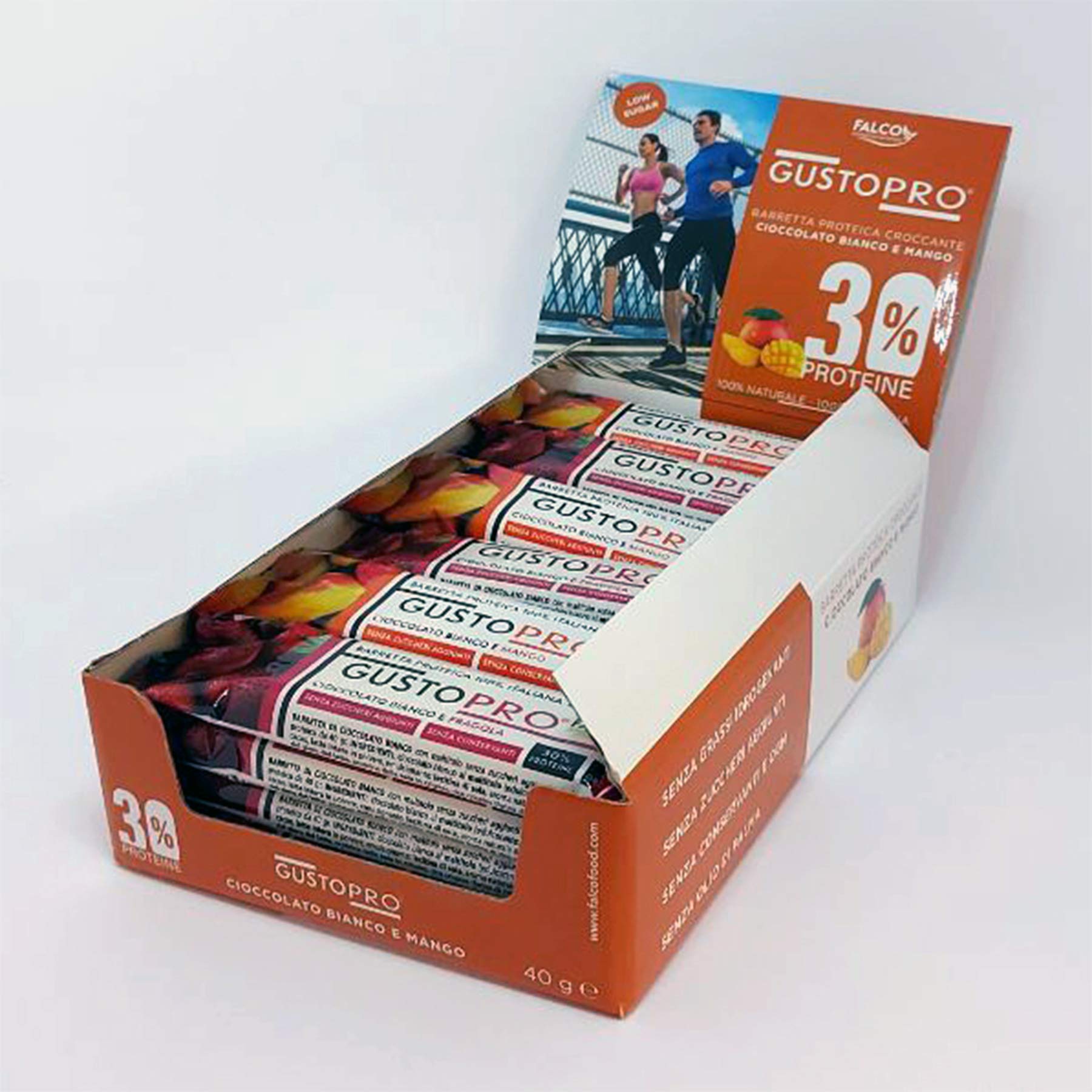 GUSTOPRO - BOX BIANCO (24x40g) – 2 GUSTI (12x gusto) - Barretta Proteica SENZA ZUCCHERO, croccante, 30% PROTEINE Cioccolato Bianco al Maltitolo gusto Fragola e Mango. 100% NATURALE Made in Italy