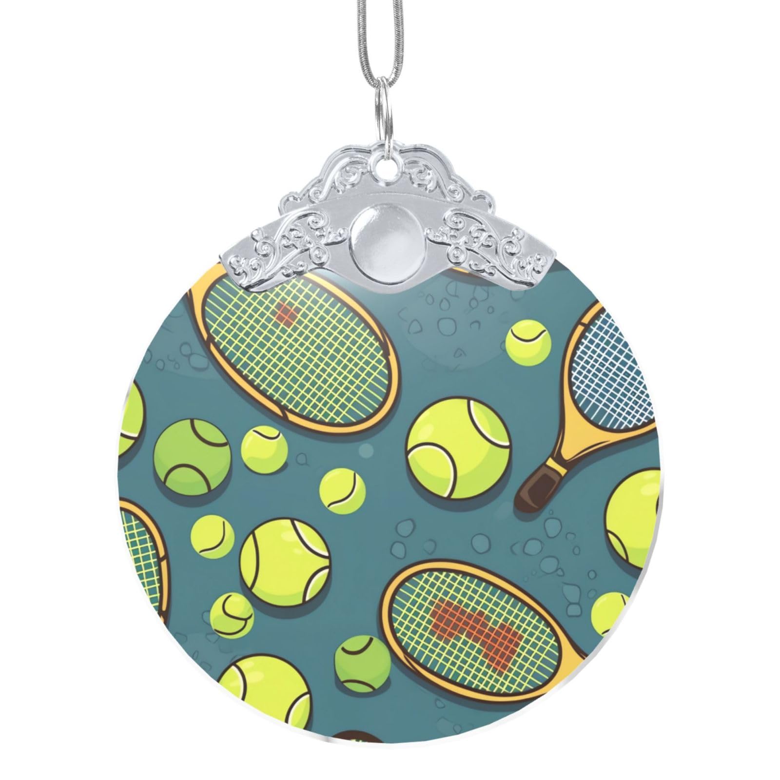 Dwvtfsm Silver 2024 Christmas Ornaments Round Stained Glass Christmas Hanging Ornament With Gold Rope Funny Tennis Racquets And Tennis Balls Christmas Pendant Christmas Tree Decorations For Xmas Family Party Holiday