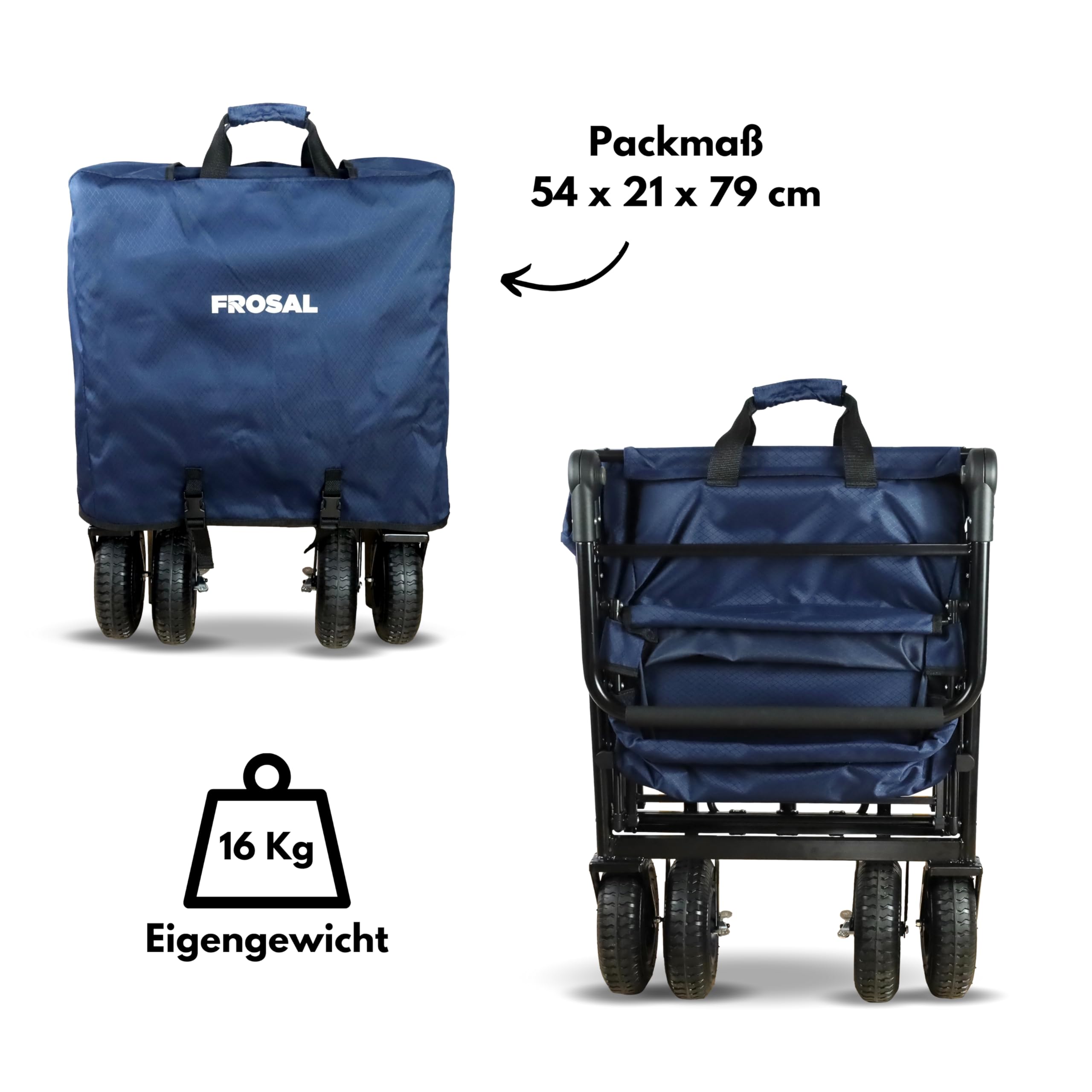 FROSAL Bollerwagen Nick PRO faltbar mit Bremse Dach blau klappbar | Schiebegriff | Luftreifen | Lufträder Ideal für Strand Wald & Feldwege