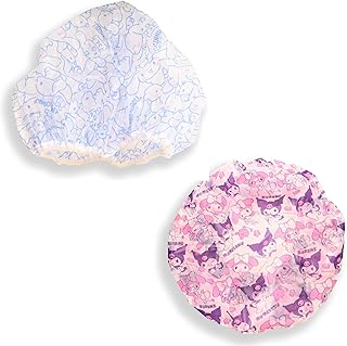 Kitty & Kuormi-Bunny Shower Caps for Women 2 Pack - Reusable Cute Kawaii Waterproof Hair Cover, One Size Fits All Hair Lengths, Shower Cap for Long Hair Use (Cinnamoroll & My Melody-Kuromi Set)