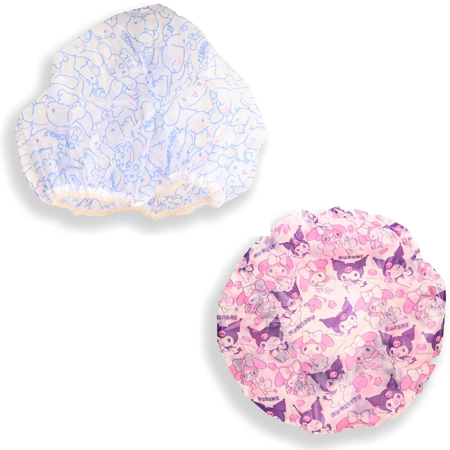 Kitty & Kuormi-Bunny Shower Caps for Women 2 Pack - Reusable Cute Kawaii Waterproof Hair Cover, One Size Fits All Hair Lengths, Shower Cap for Long Hair Use (Cinnamoroll & My Melody-Kuromi Set)