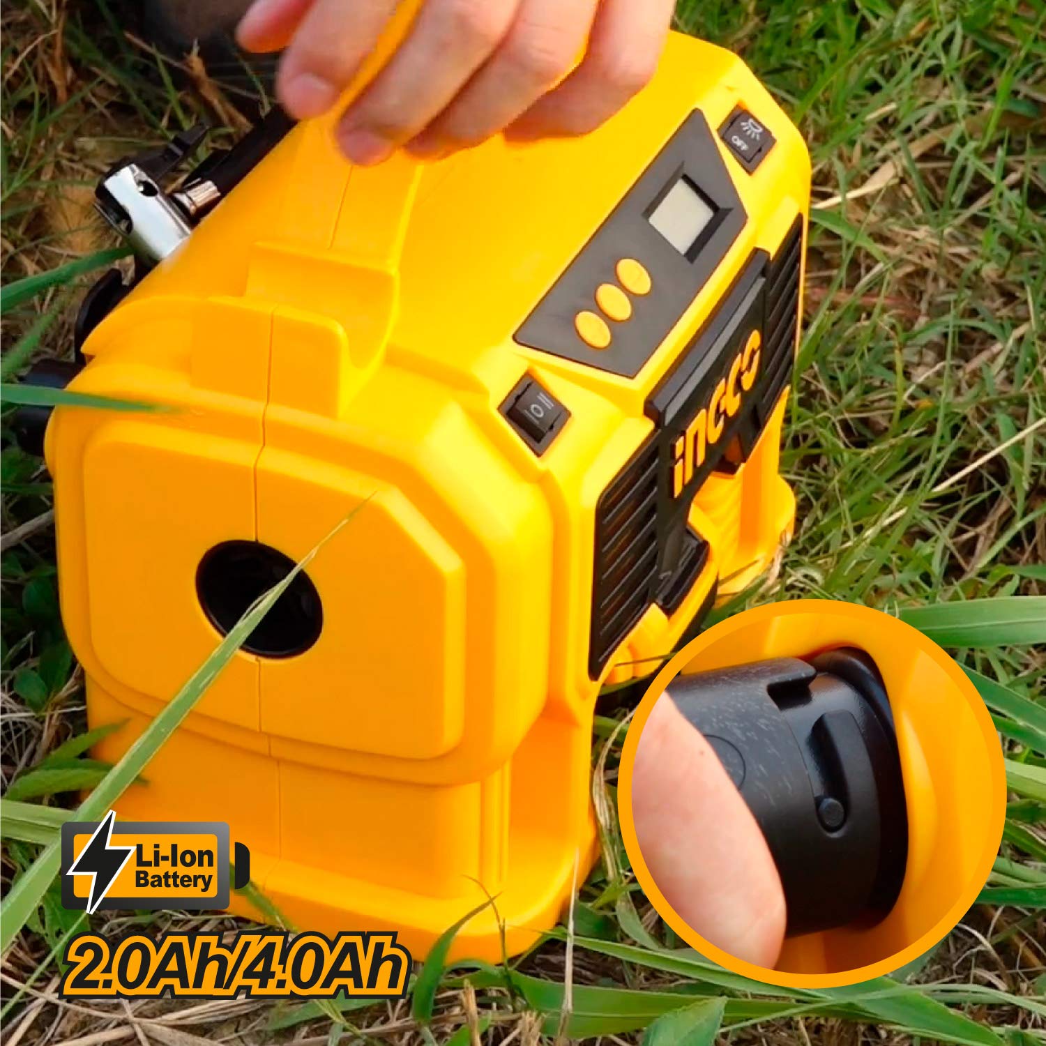 INGCO Compressore d'aria automatico, compressore d'aria portatile, 160 PSI, 2 alimentatori da veicolo o batteria agli ioni di litio, display digitale, luce LED, protezione di sicurezza, arresto