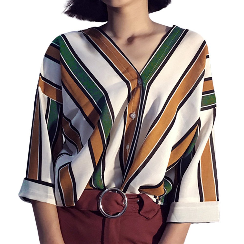 LIULIULIU❁Casual V-Neck Stripe Button Down Shirts Long Sleeve Tops Blouse