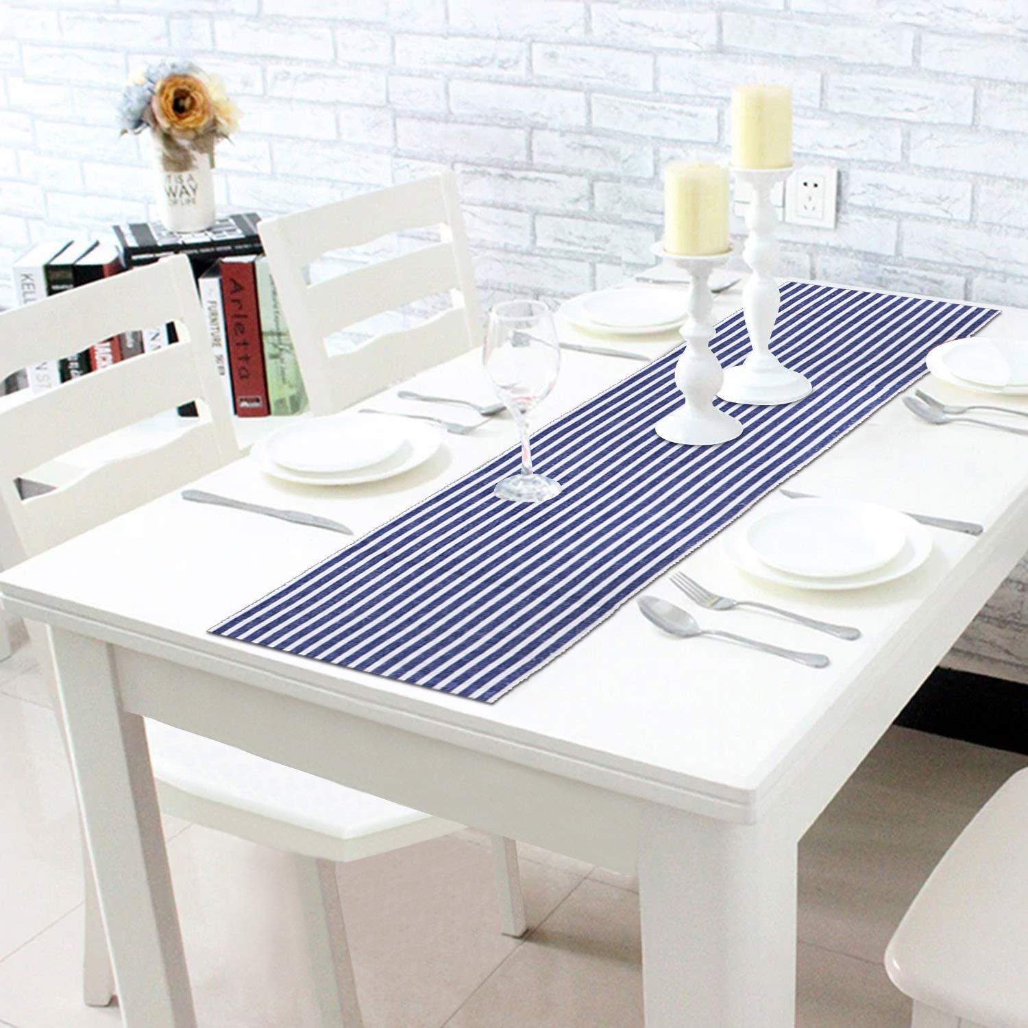 HOKIPO Blue Ribbed Placemats & Table Runner -9