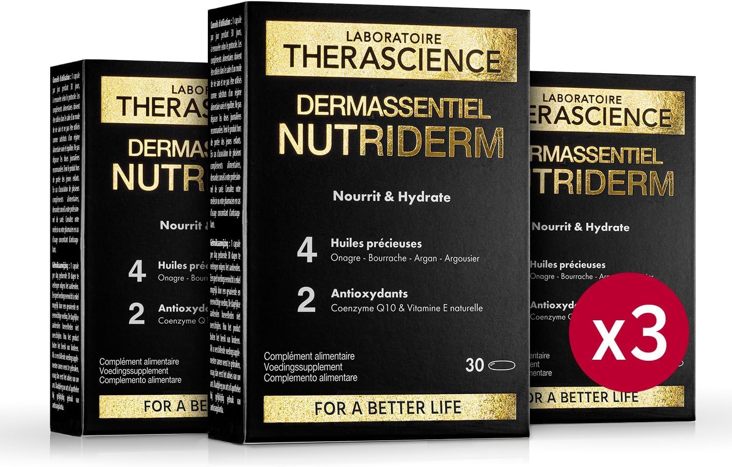 DERMASSENTIEL NUTRIDERM Lot de 3 | Nourrit & Hydrate | Argan Onagre Bourrache Argousier | Hautement concentré en Omegas 3,6,7,9 | Coenzyme Q10 + Vitamine E antioxydants | 90 Capsules | THERASCIENCE