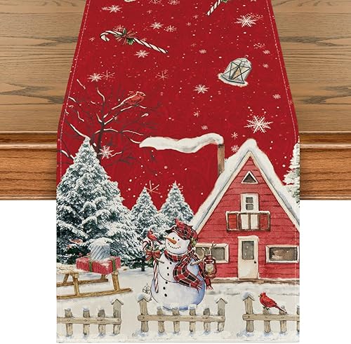 Artoid Mode Camino de mesa de Navidad con árbol de Navidad, muñeco de nieve, pájaros, decoración de mesa de comedor para decoración de fiesta en el