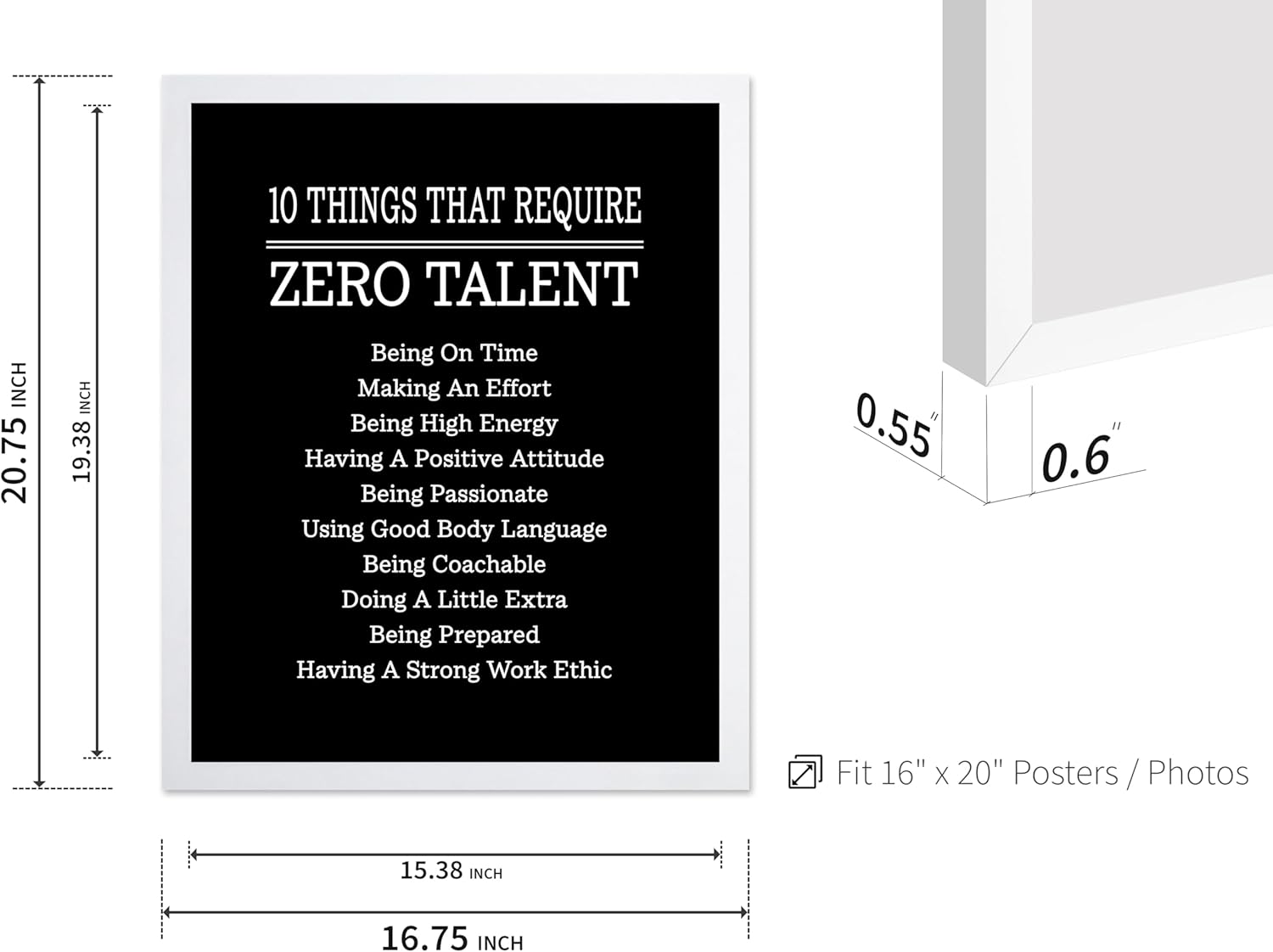 Poster Master Motivational Poster - Inspirational Print - 10 Things That Require Zero Talent, Effort, Passion - Gift for Teacher, Friend - Wall Decor for Office, Classroom, 16x20 White Framed