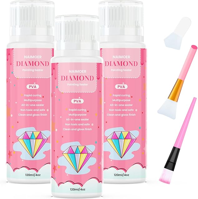 NAIMOER New Diamond Painting Sealer 360ML with 3Brushes, DIY 3Packs Diamond Art Sealer with Sponge Head, 5D Diamond Painting Accessories Permanent Hold Shine Glue for Diamond Painting & Puzzle