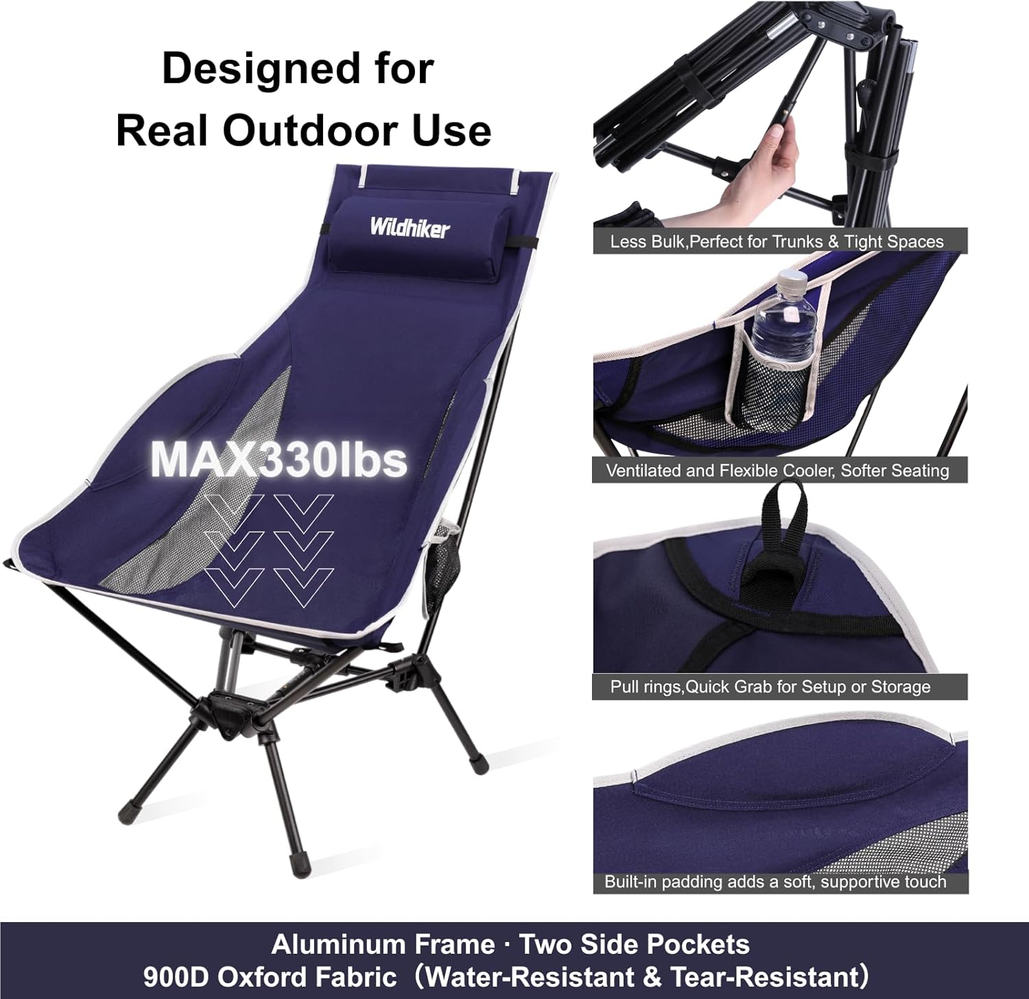 Wildhiker Portable Compact Folding Camping Chairs – Lightweight High Back with Pillow, Deep Recline, ArmPads, Side Pockets-for Motorcycle, RV, Backpacking, Travel, Festival – Indigo Blue