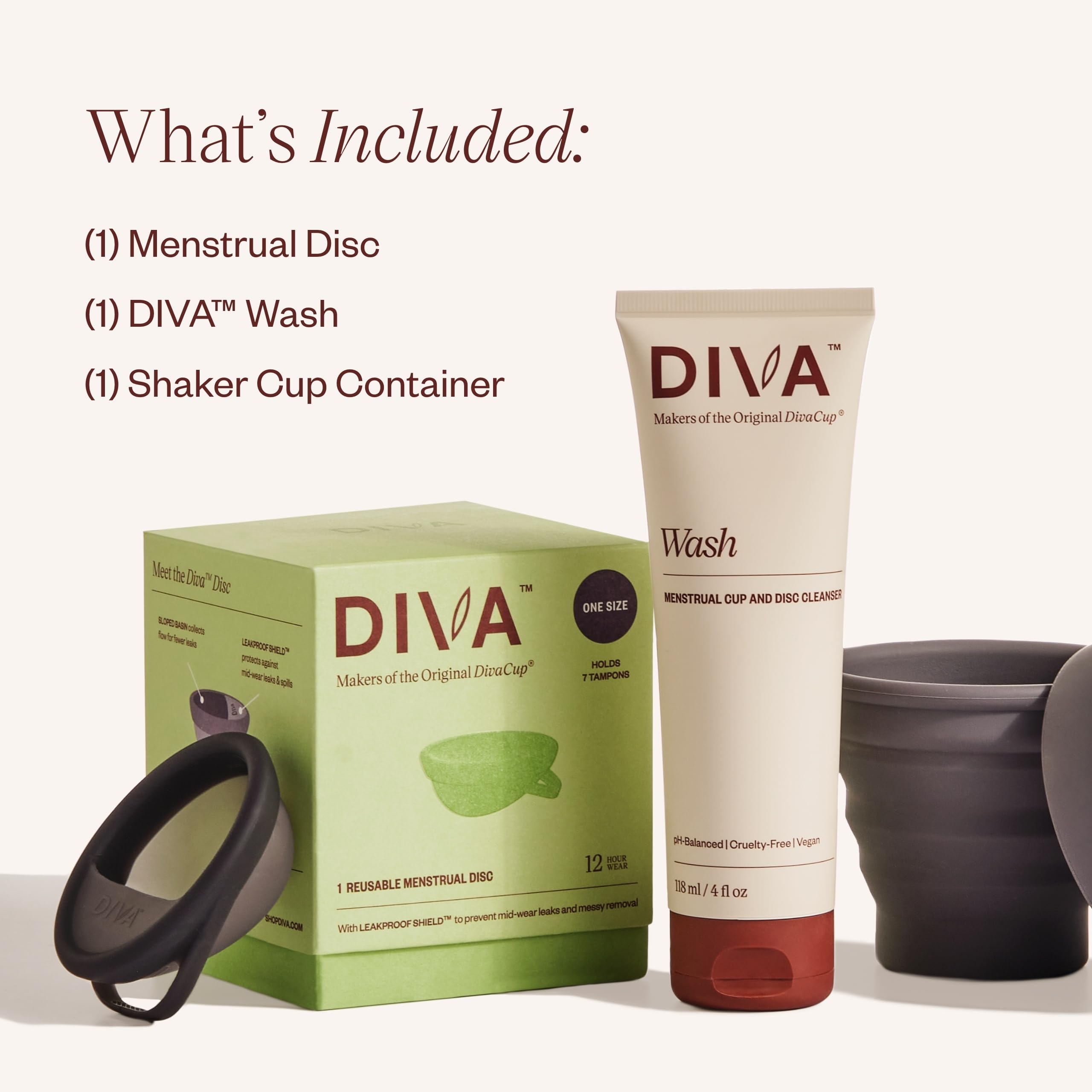 Diva Disc, Wash & Shaker Combo Pack - Comfortable, Reusable Menstrual Disc with Leakproof Shield - with Cleanser - Shaker for On-The-Go Cleansing - Size Fits Most