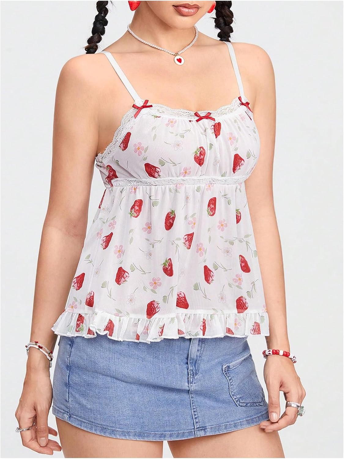 SHENHE Women's Lace Trim Strawberry Print Cami Top Kawaii Babydoll Tank Tops Camisole - Image 4