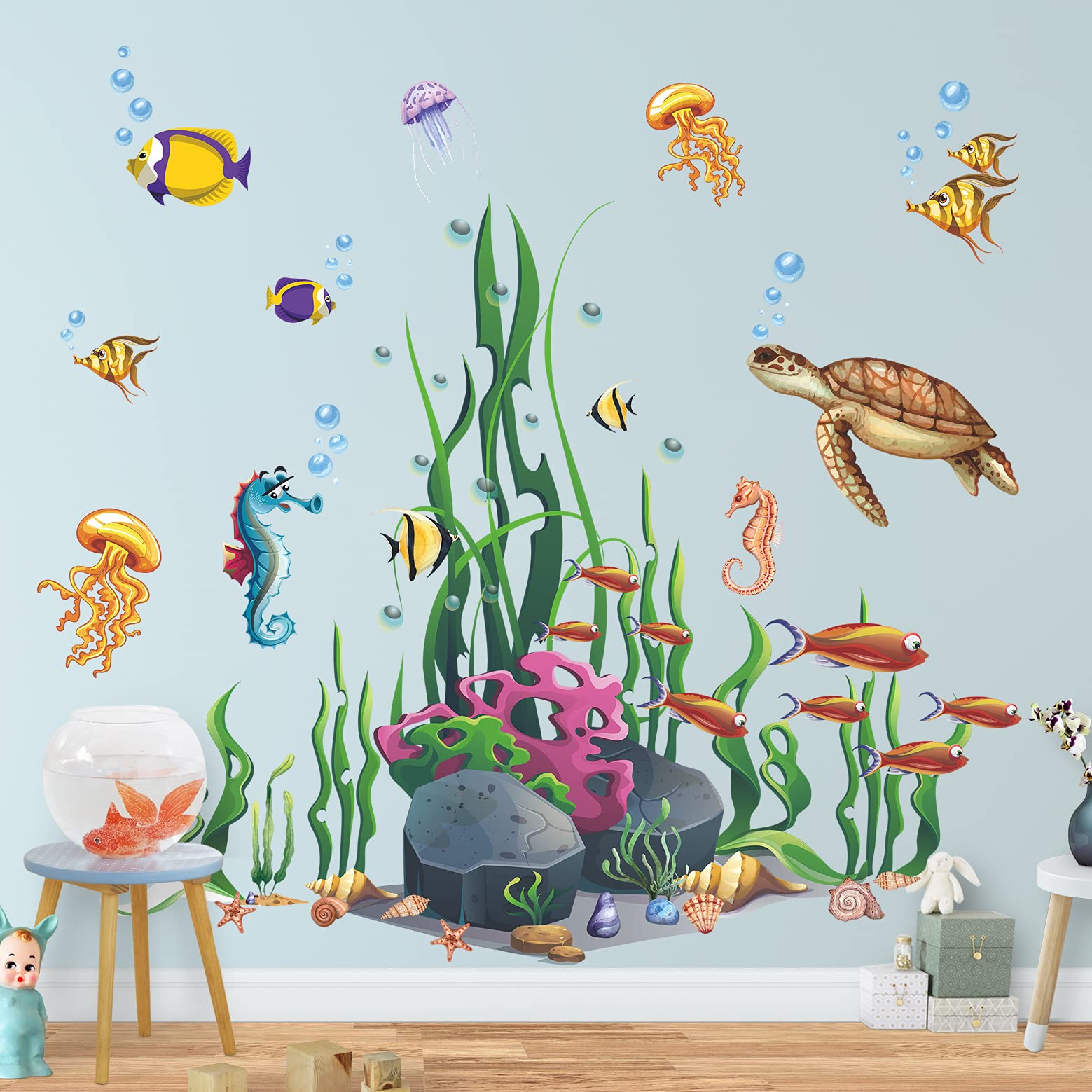 RW-1073 3D Ocean Wall Decals Under The Sea Fish Wall