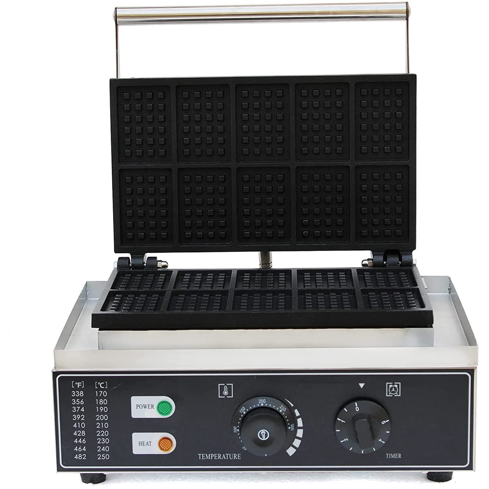 Kwadratowa komercyjna gofrownica ze stali nierdzewnej, 1500 W 10 szt. Elektryczna gofrownica z powłoką nieprzywierającą z kontrolą temperatury i czasu