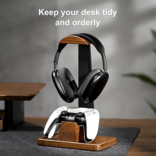 Miniatura 3 de UPERGO Headset Stand with Gaming Controller Holder, Walnut Wood Headphone Stand with Storage Base, Gaming Equipment Accessories for Desk