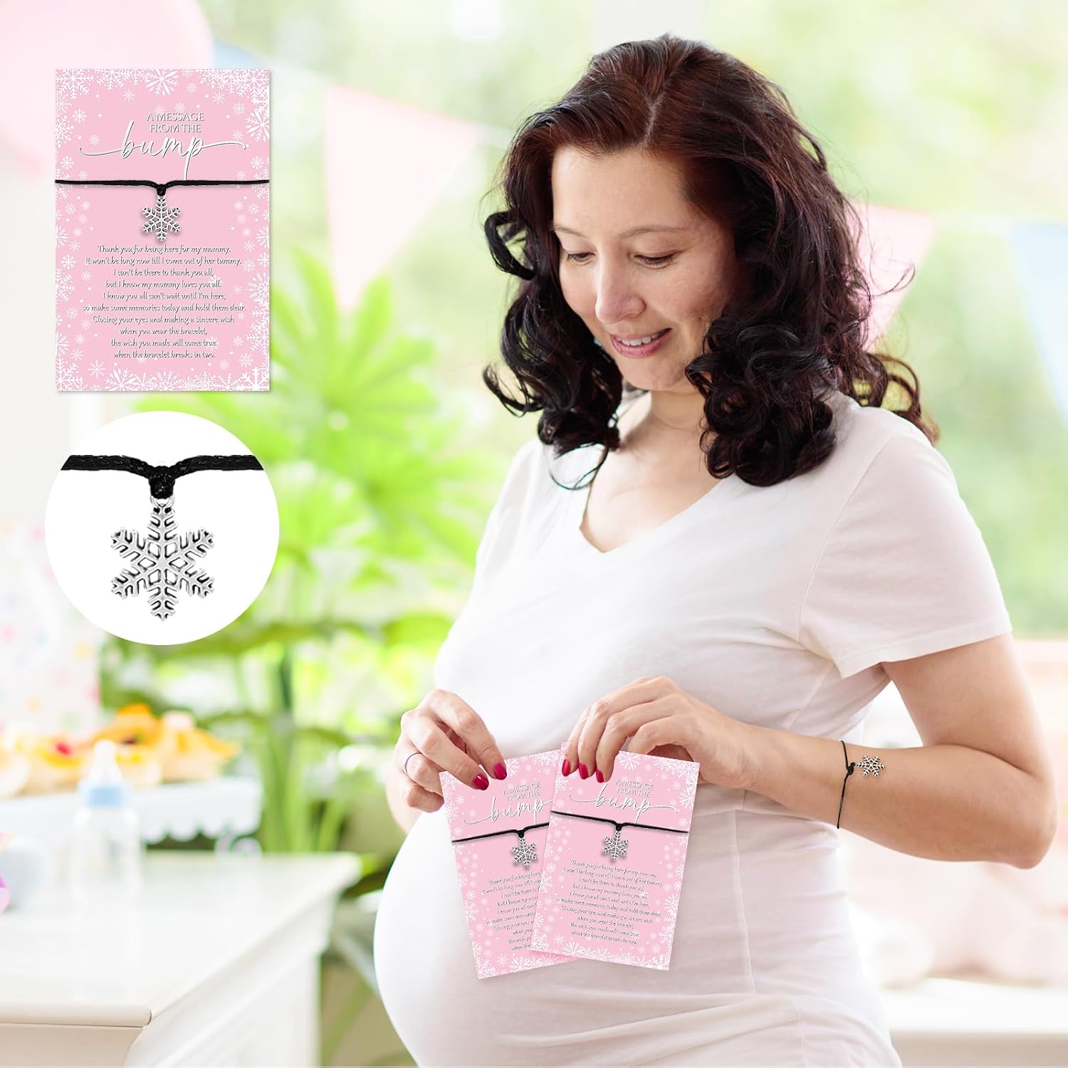 Chuangdi 50 Sets Snowflake Baby Shower Favors for Guests, Adjustable Snowflake Bracelets with a Message from The Bump Blessing Card Thank You Gifts for Winter Christmas Gender Reveal Party Favors