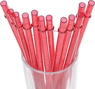 DAKOUFISH 11 Inch Reusable Plastic Glitter Sparkle Drinking Straws,BPA-Free,for 24oz 30oz Tumblers/Jars,12 Straws with One Cleaning Brush(11inch Red)