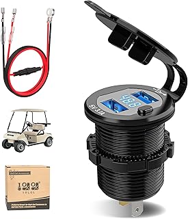 USB Ports 2 in 1 Dual Outputs & LED Display Voltage Meter Universal for Club Car, EZGO & Yamaha, Quick Charge 3.1A,Metal Shell Safe Charging Socket 9V-48V Voltage Input