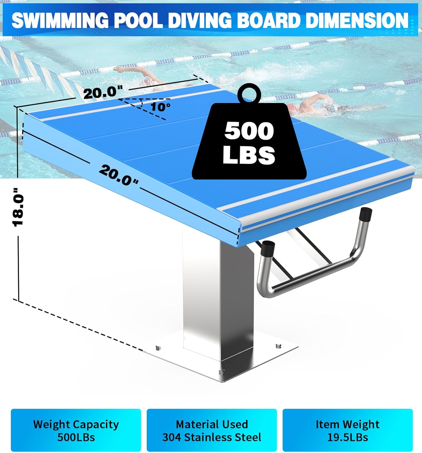 Pool Diving Platform with Stainless Steel Base, Heavy Duty Swimming Pool Diving Board with Non-Slip Strips, for Current Pools and Competition, (20.0" Platform, 500LBs Capacity)