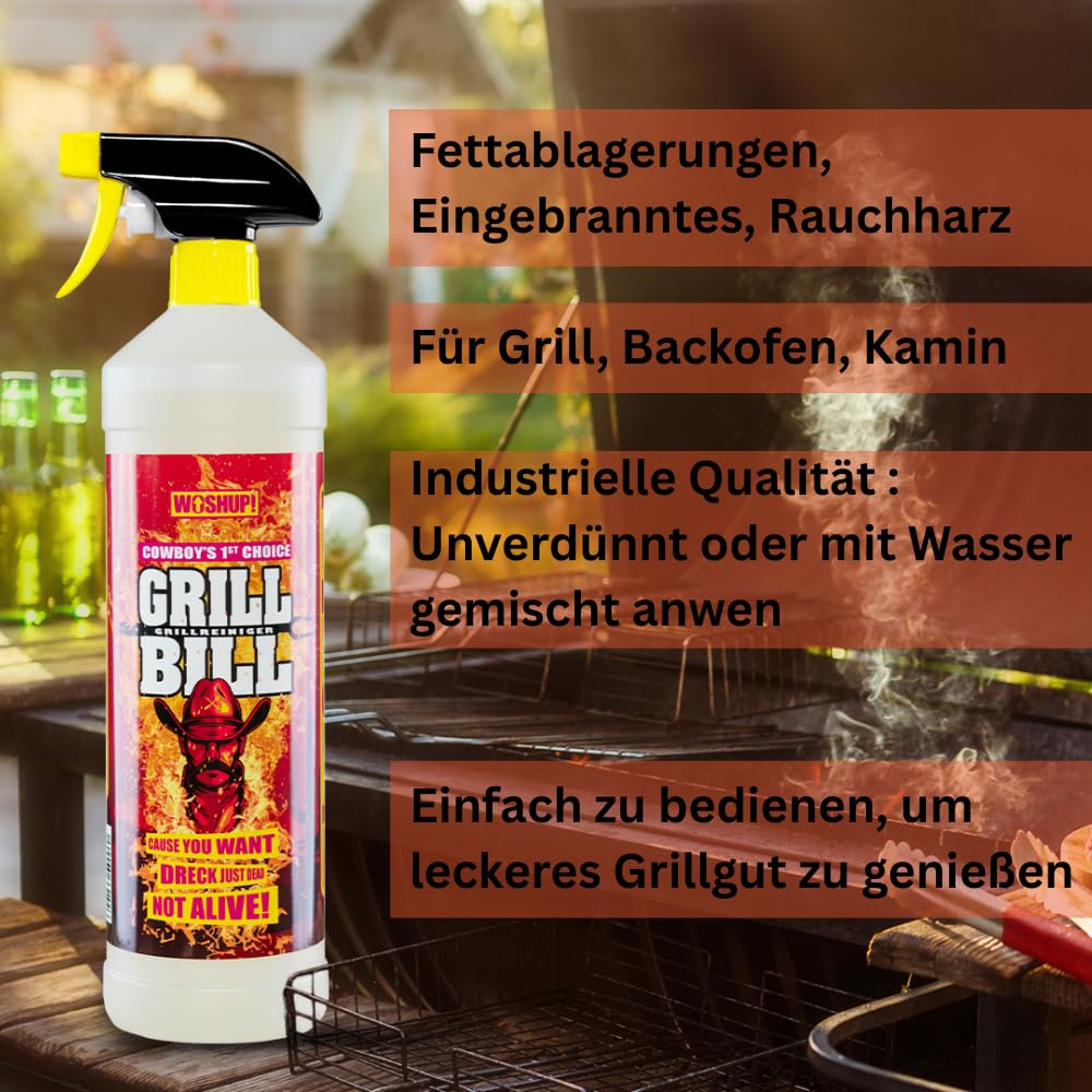 Grill Bill Grillreiniger in Industriequalität 1000 ml für Gasgrill und Holzkohlegrill, Smoker und Backofen - Entfernt Eingebranntes Ruß Schmutz und Fett (2x1 Liter)