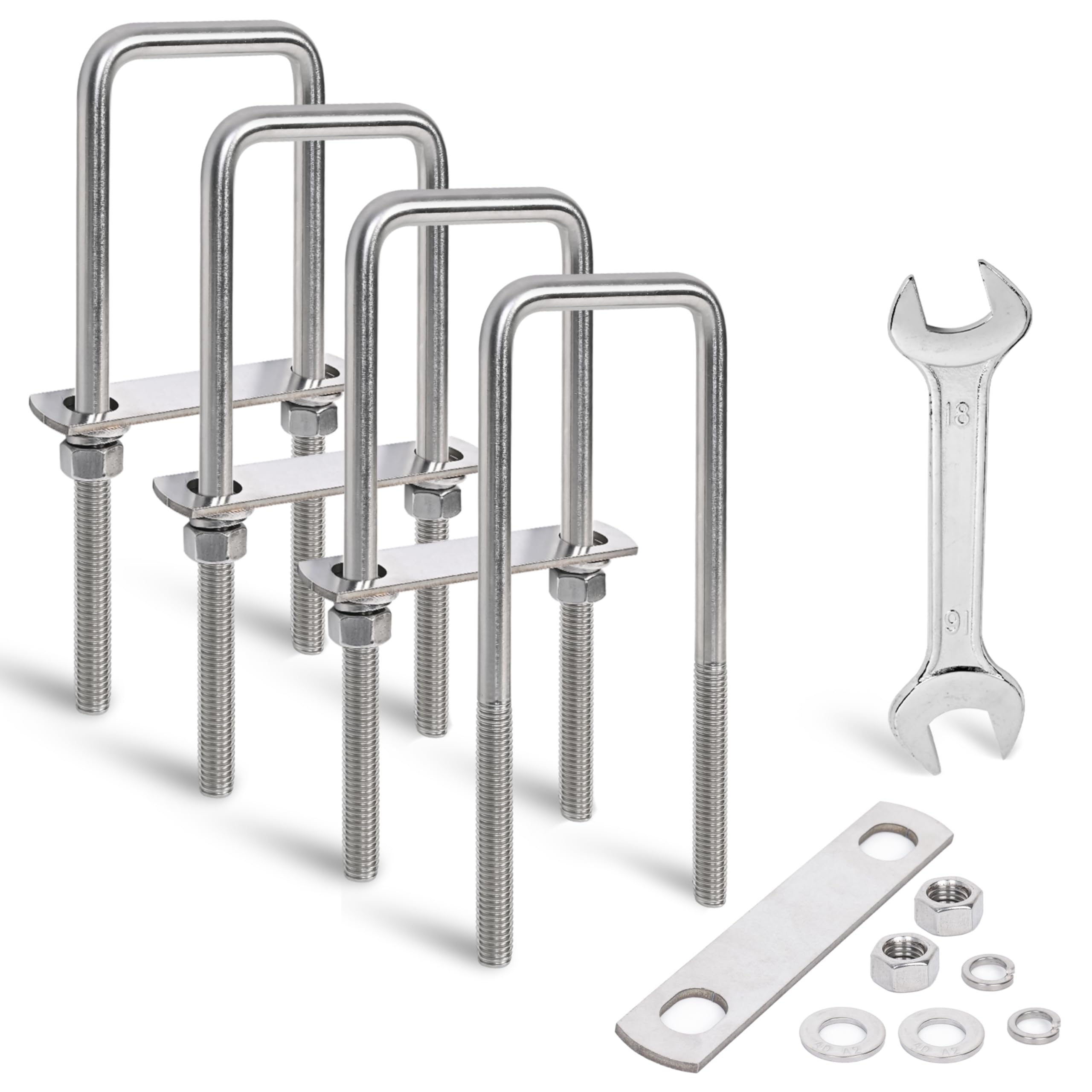 SRZTXU 4 Sets Heavy Duty Square u Bolts 3 inch Wide,M12 Thread Size,304 Stainless Steel Square u-Bolts 3-1/16" W x 7-5/16" L,with Nuts,Bolt Plate and