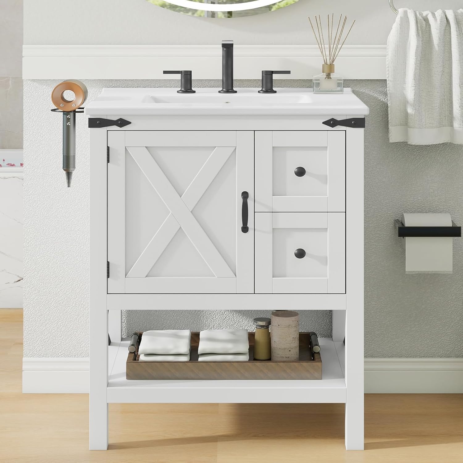 Vabches Bathroom Vanity with Sink Set, Modern Bathroom Cabinet with 1 Doors and 2 Drawers, Free Standing Storage Cabinet with Shelf, Vintage Vanity with Hair Dryer Holder, White