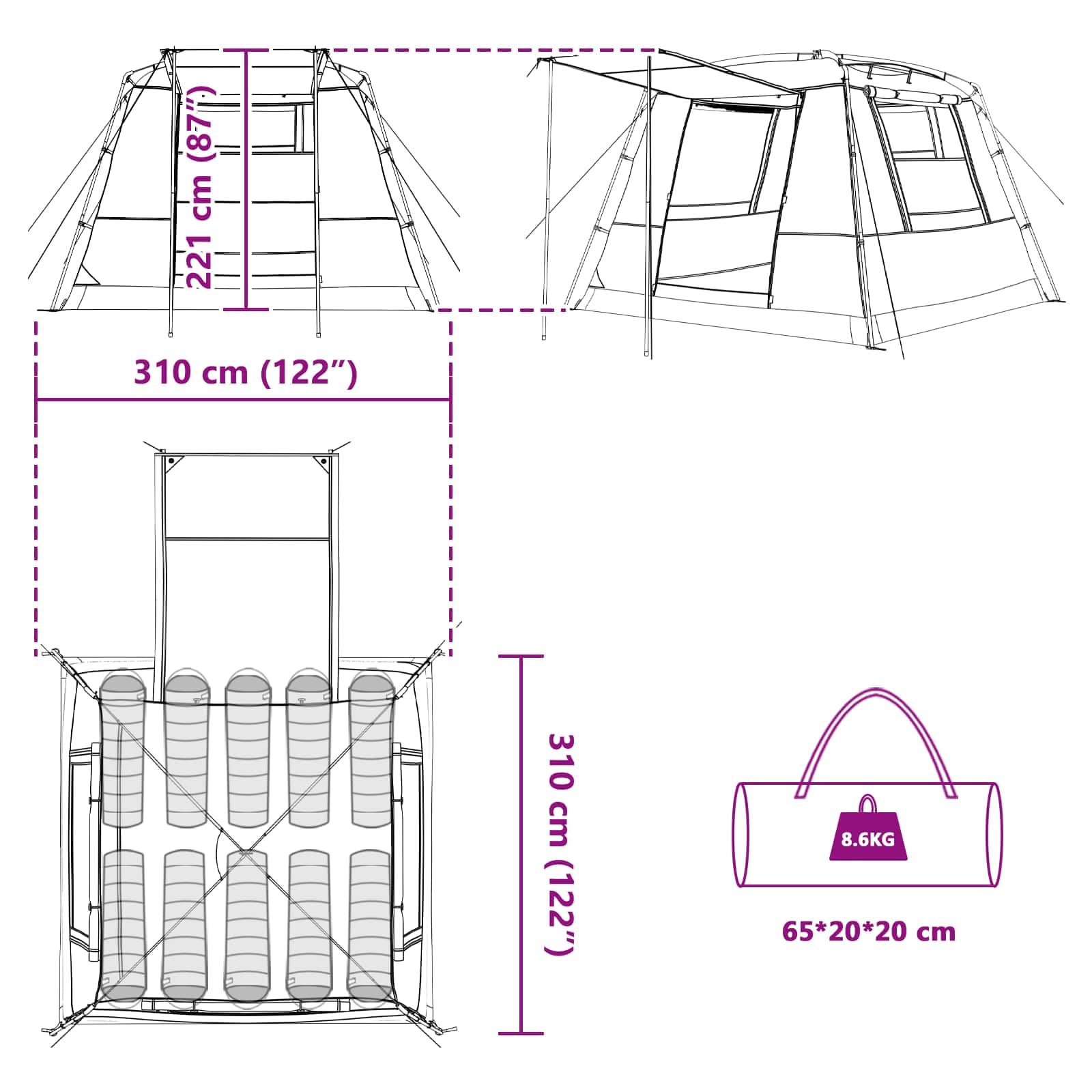 Toilettenzelt Grün wasserdicht aus 185T Polyester mit PU-Beschichtung, 310x310x221 cm, für 10 Personen, Campingzelt mit Belüftung, Outdoor Unterstand, einfach aufzubauen