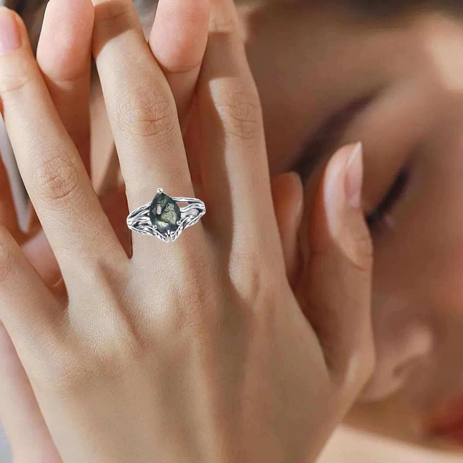 Black Oxidation Branch Rectangle/Hexagon/Kite/Pear Moss Agate Ring for Women 925 Sterling Silver Retro Green Stone Promise Ring with Vine Leaf Vintage for Wife women