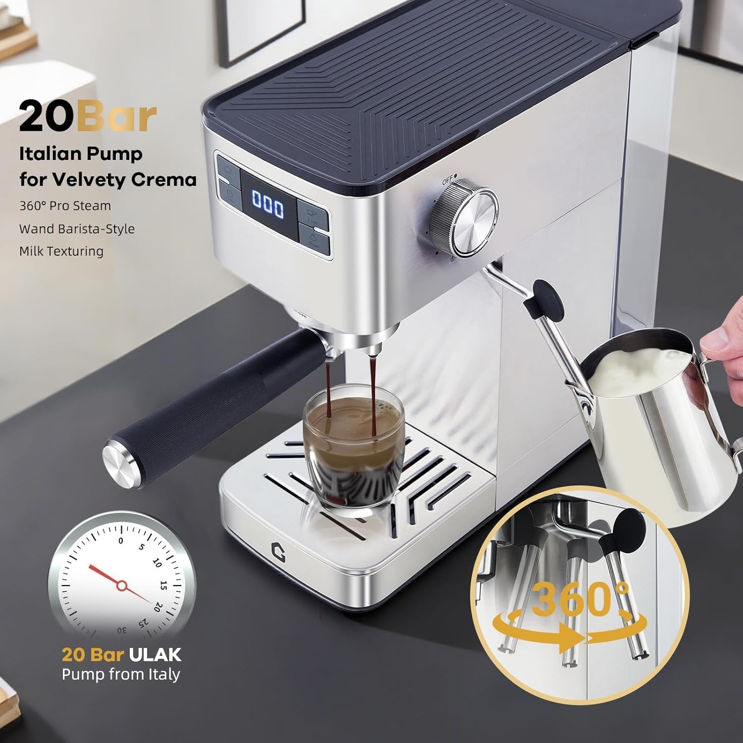 Kaffeemaschine 20 Bar Siebträger Espressomaschine mit Milchaufschäumer Thermoblock Heißwasserfunktion Entkalkungsanzeige
