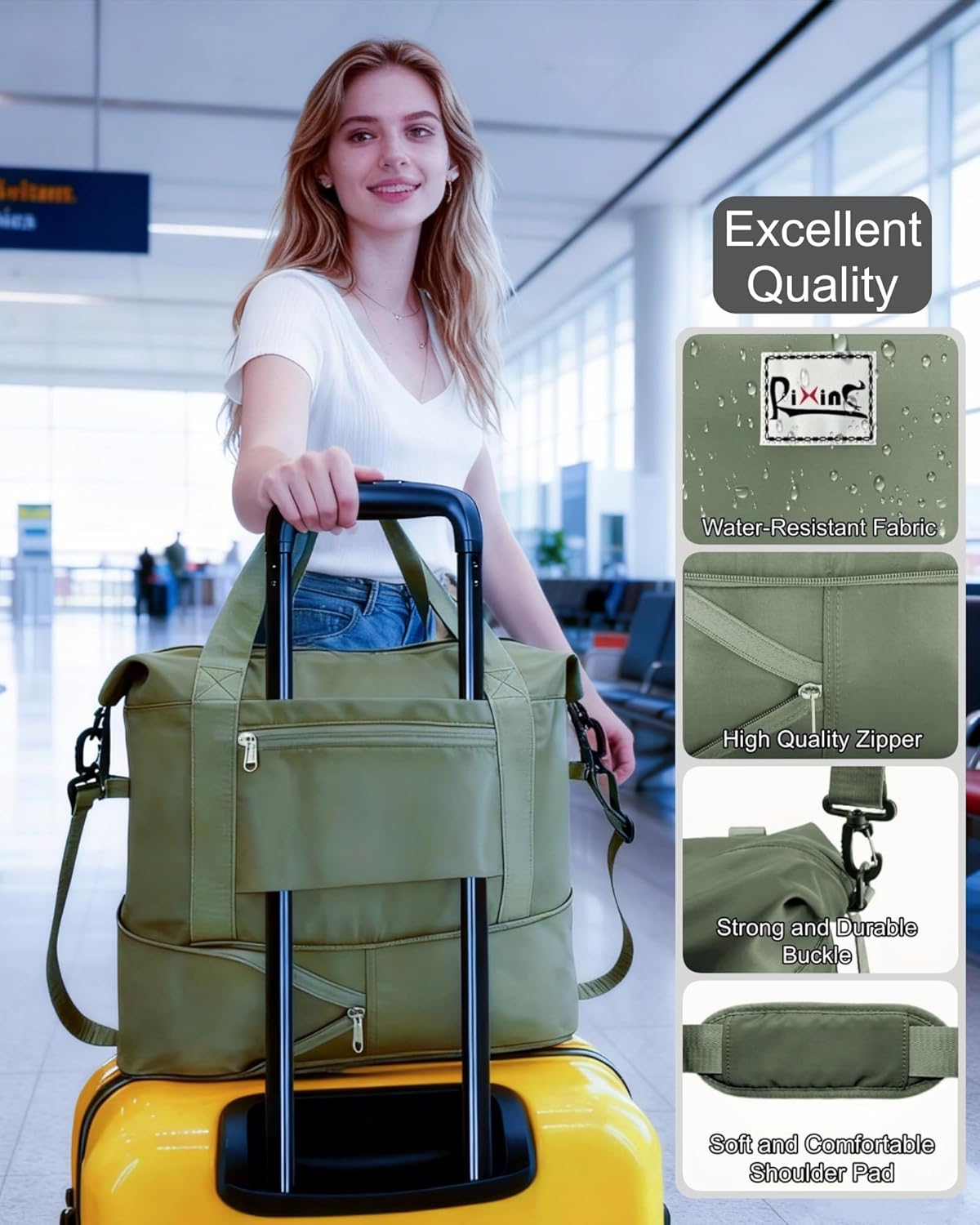 Foldable Travel Bag, 40L Duffle Bag for Travel with Multiple Pockets, Expandable Gym Carry On Bag, Overnight Weekender Bags for Women (Olive green) - Image 3