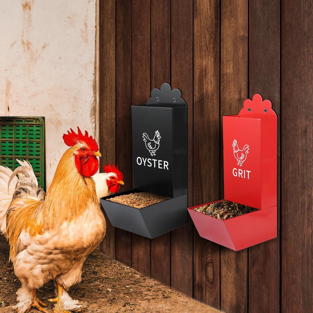 2 Pack Metal Chicken Feeder, Oyster Shell and Grit Feeder Hanging/Ground Chicken Coop Feeder with Durable Iron Construction for Hens & Chicks (Black & Red)