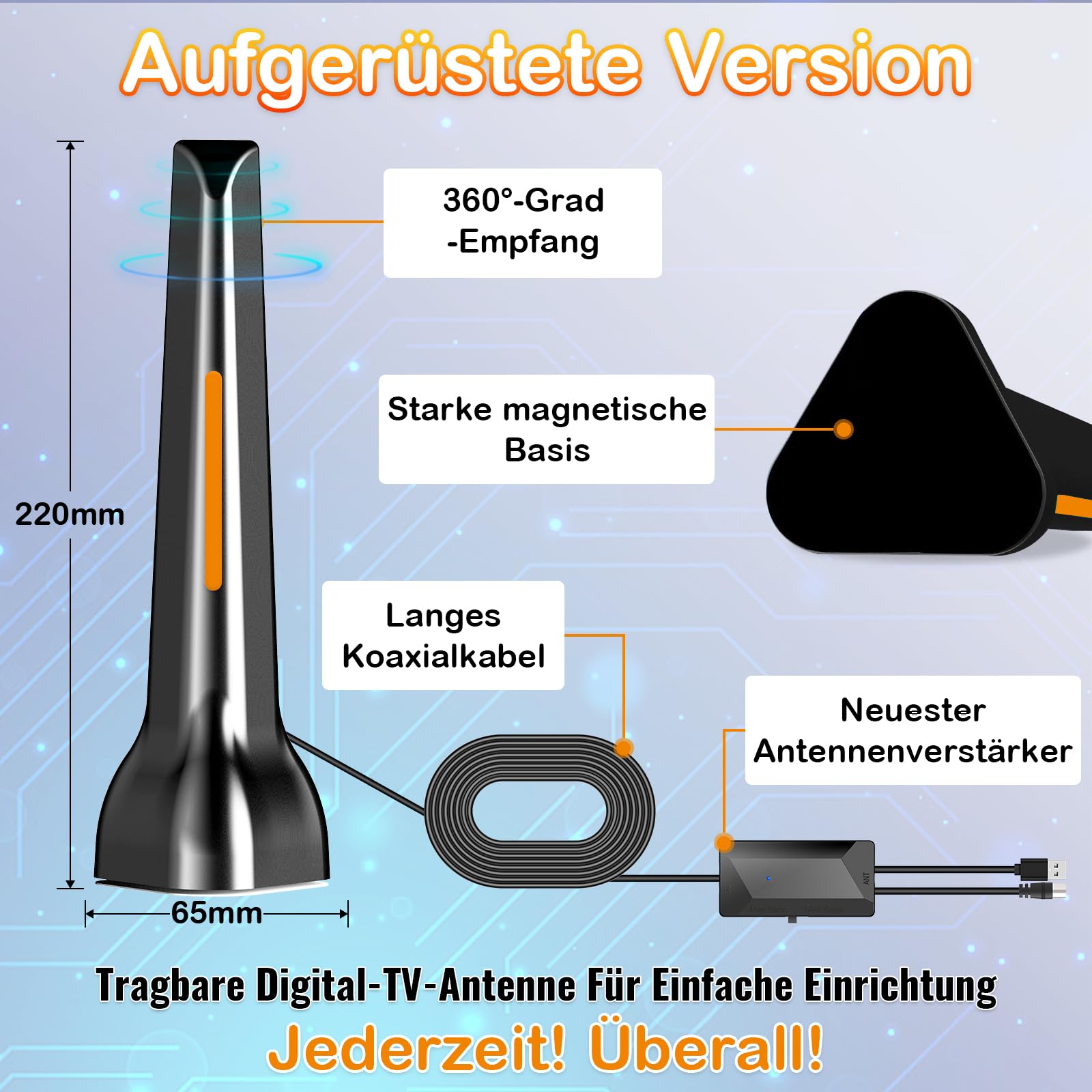 Antenna DVBt-T/DVB-T2, DVBT2, con amplificatore, ampia portata e ricezione a 360°, antenna per TV con forte base magnetica, supporta 4K 1080P – tutti i dispositivi TV DAB/UHF/VHF