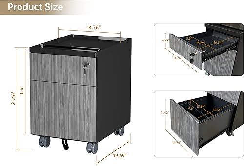 Miniatura 3 de Archivador móvil de 2 cajones con cerradura, archivadores de oficina para debajo del escritorio, archivador pequeño totalmente montado excepto