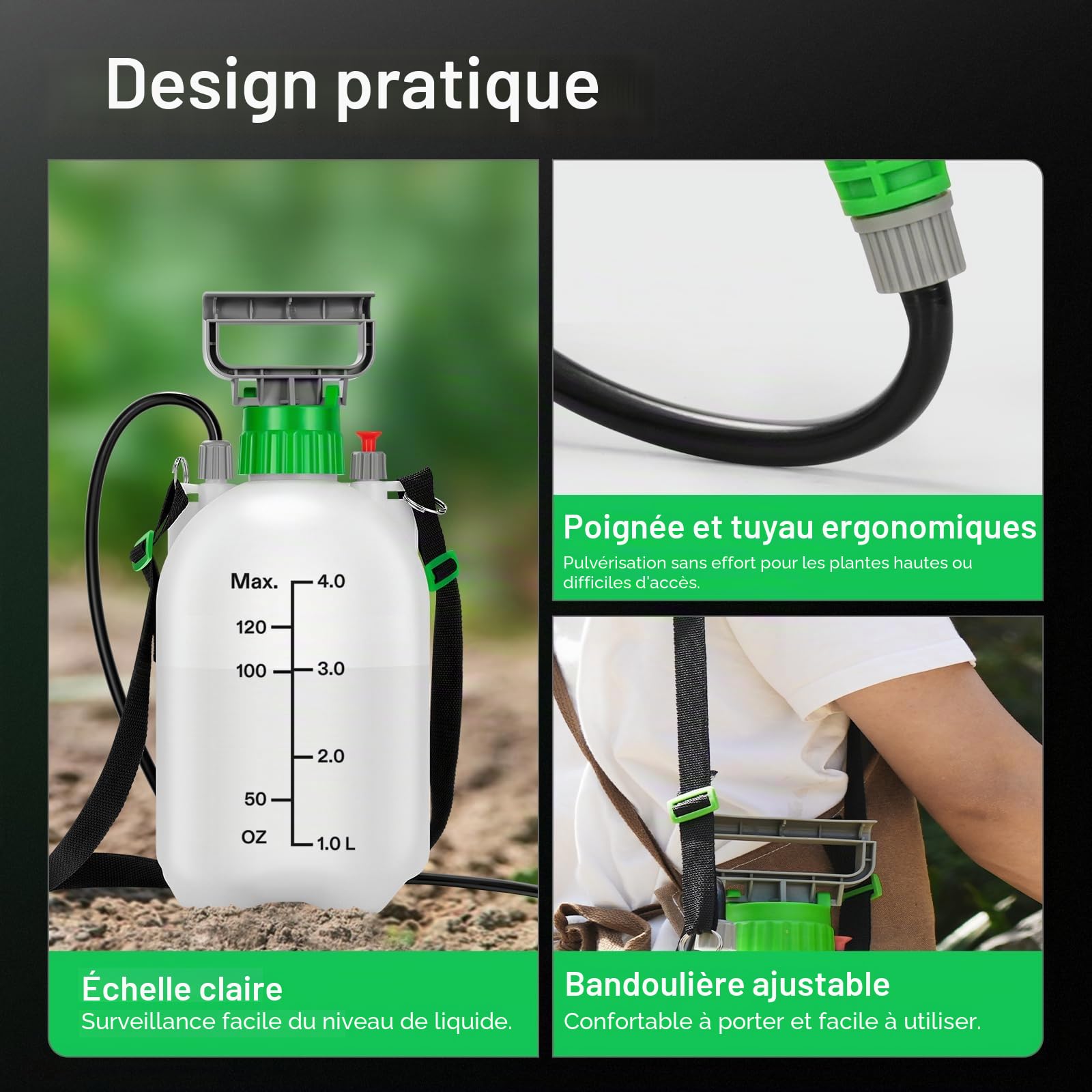 VIVOSUN Pulvérisateur à Pression 4L avec 3 Buses Dont Laiton Réglable, Tuyau 127 cm et Valve de Sécurité pour Désherbage, Traitement des Plantes & Entretien de la Pelouse