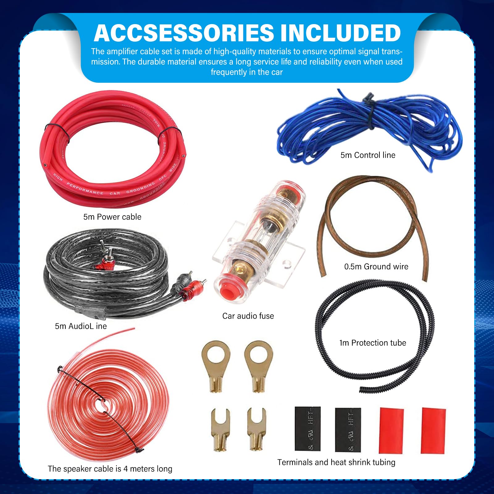PORFOYO 4GA, set di cavi amplificatori per auto, 5 metri, set di cavi per amplificazione di uscita, cavo per subwoofer, cavo audio per auto con cavo RCA, portafusibili, capicorda forcella per