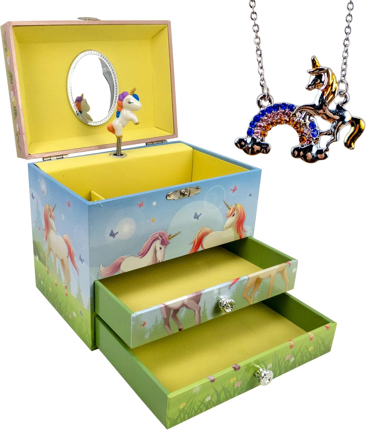 The San Francisco Music Box Company Friendship Magical Unicorn 2 Drawer Musical Jewelry Chest with Rainbow Unicorn Necklace